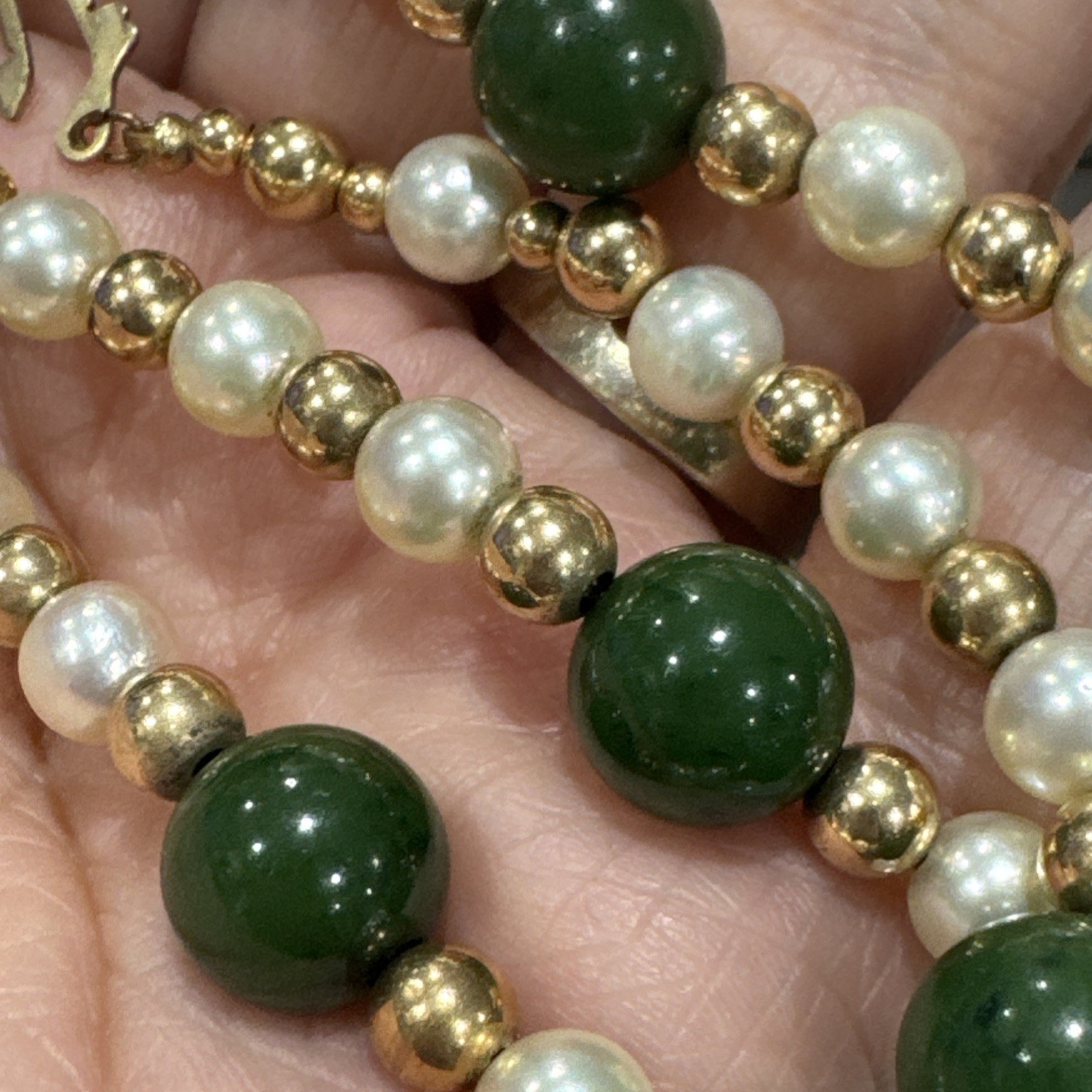 Vintage Green Jade Pearls GF Beads Sterling Filigree Gold Wash Clasp Necklace