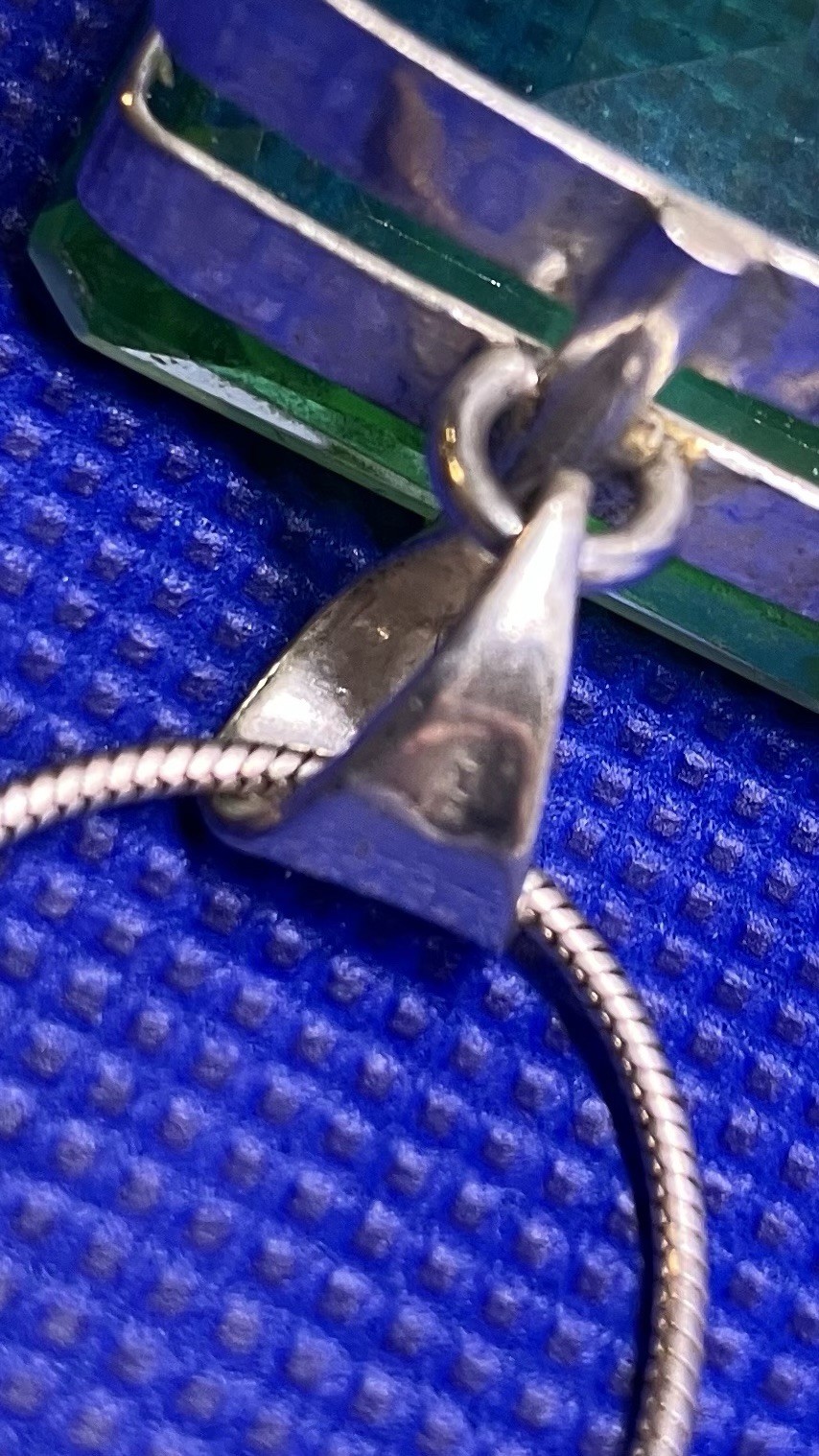 Large Square Faceted Green RS Necklace n Italy 925 Sterling Silver Chain/Setting