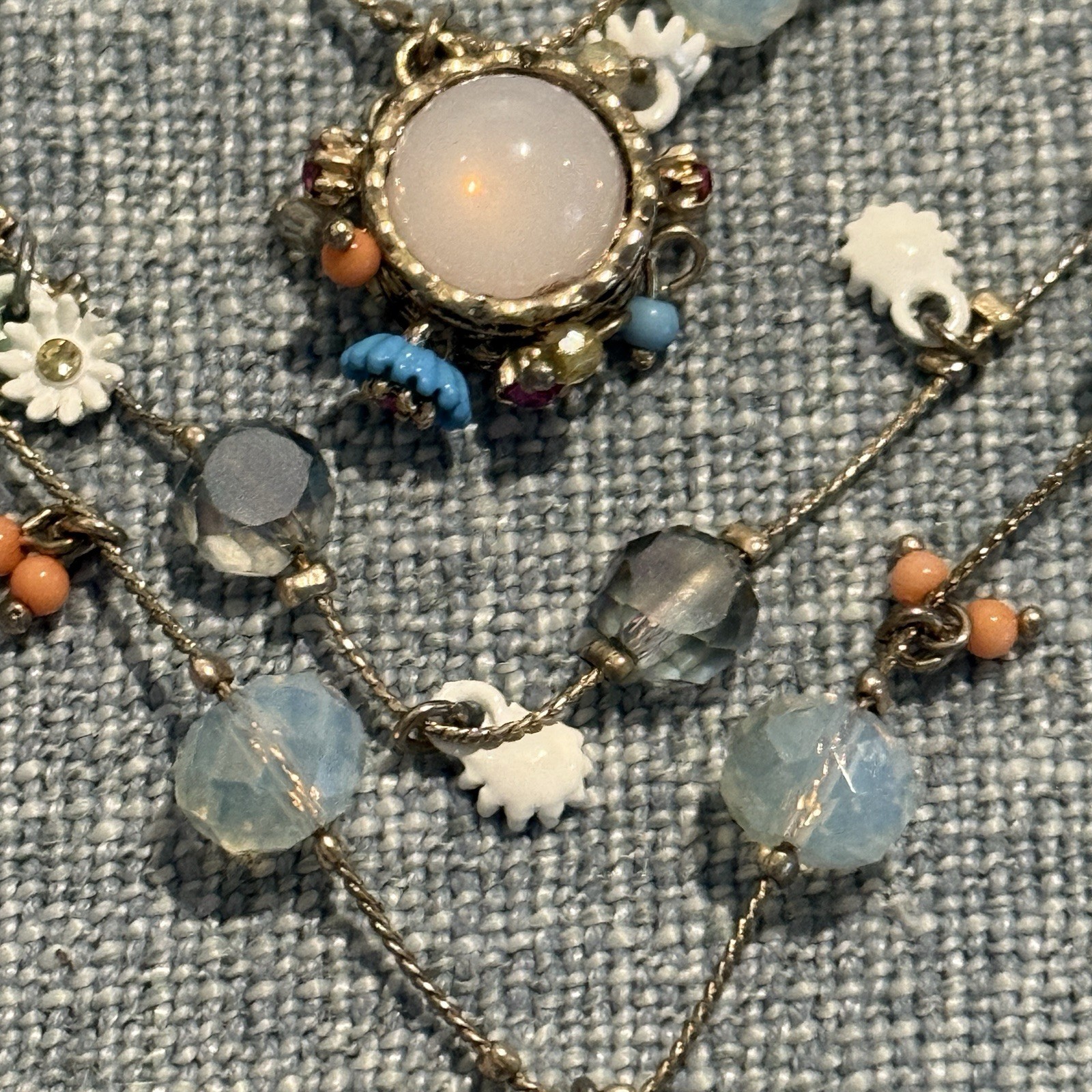 Betsey Johnson Triple Strand Necklace Beaded Multi Floral Heart Crystal Signed