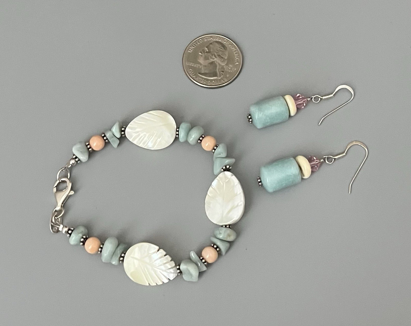 VTG SX 925 Sterling-Carved MOP-Pale Blue-Peach Stone Bracelet Wire Earring Set