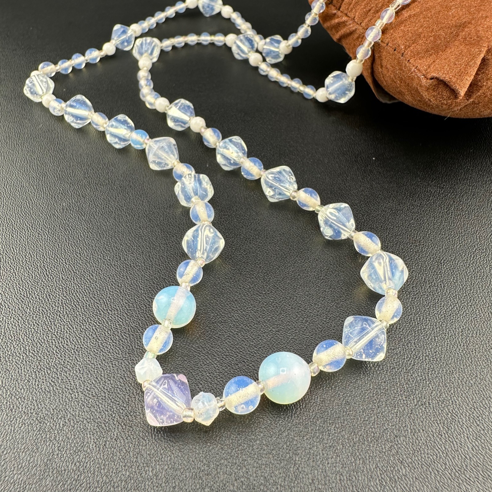 Vintage Opalite Glass Bead Necklace 31″ Faceted Round Hook Clasp Adjustable