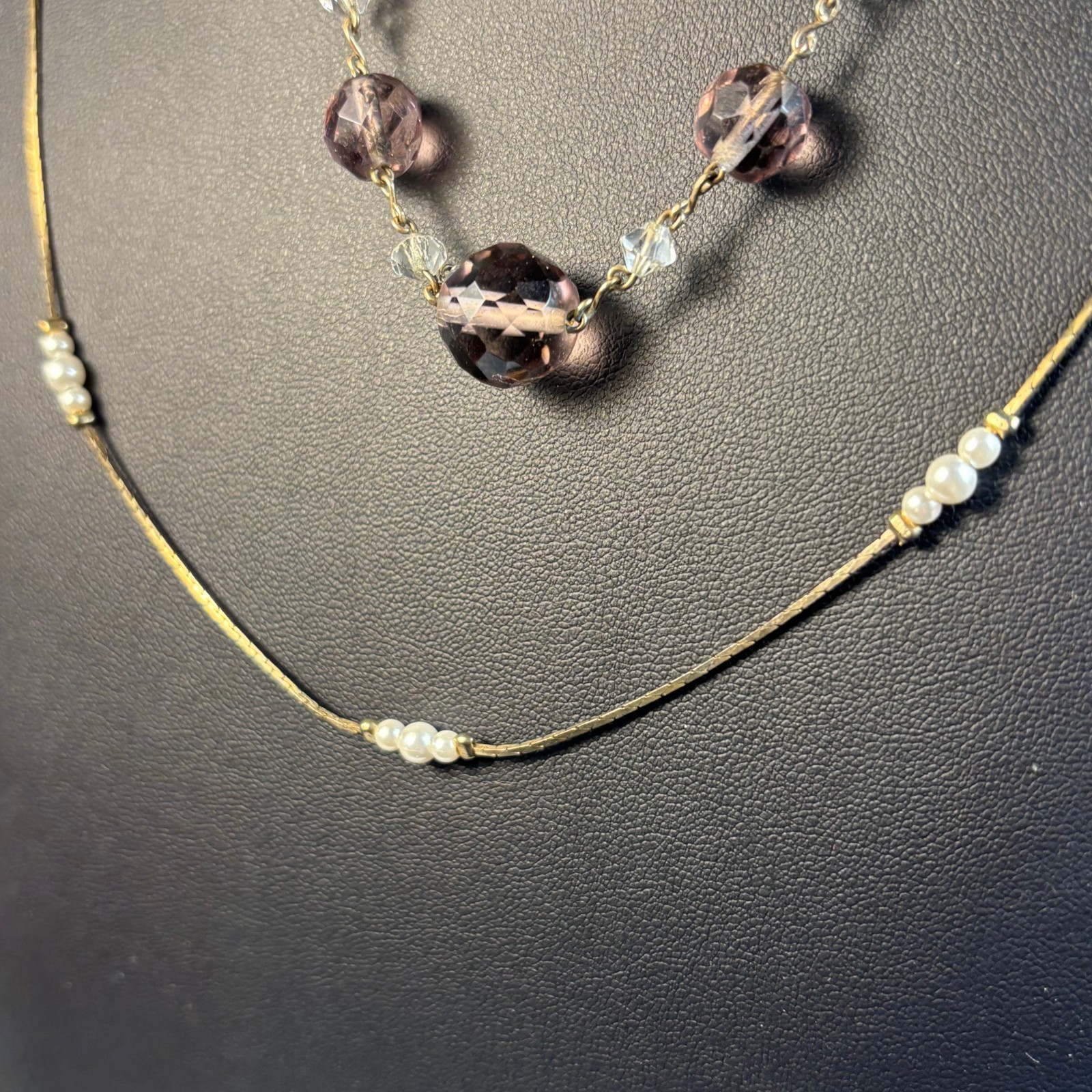 Necklace Lot Gold Tone Pearl Lavender Cut Glass Beads Delicate Romantic