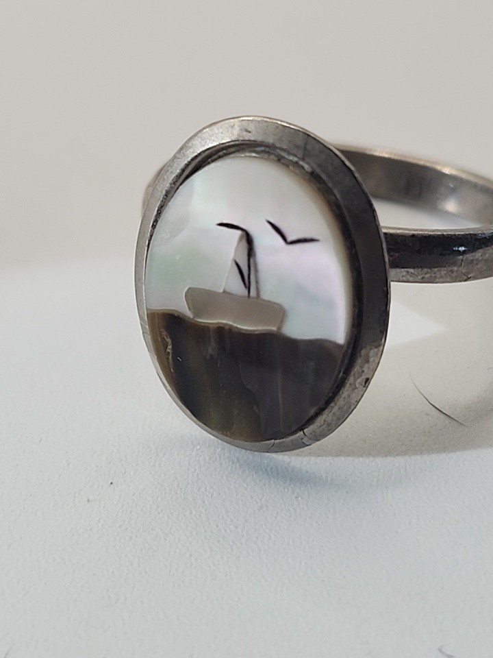 Stainless Steel Ring Inlaid Sail Boat Water Birds Vintage Mother of Pearl