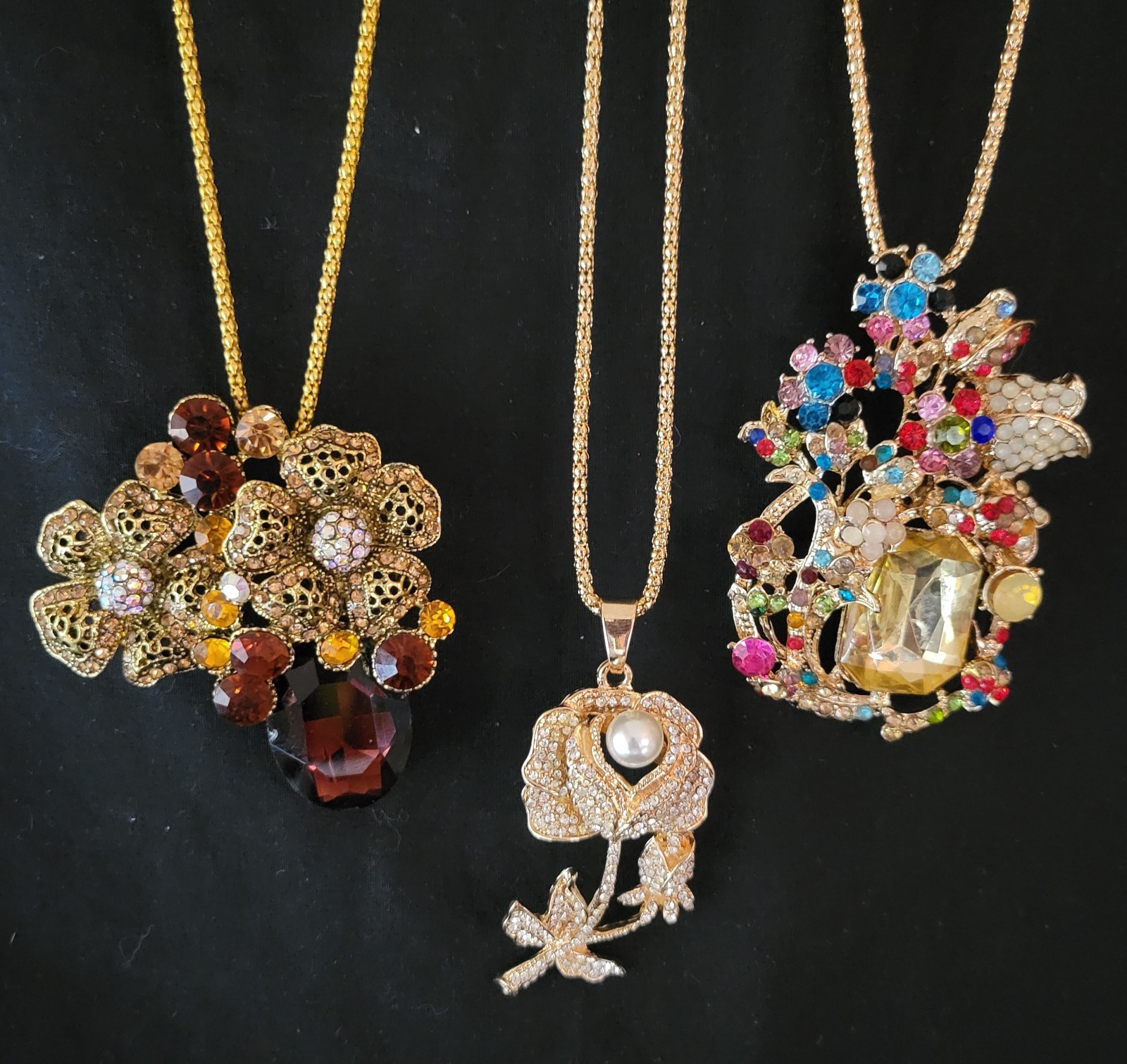 Lot of 3 Vintage Style Statement Necklaces 28″ Gold Tone Floral Rhinestone Pearl