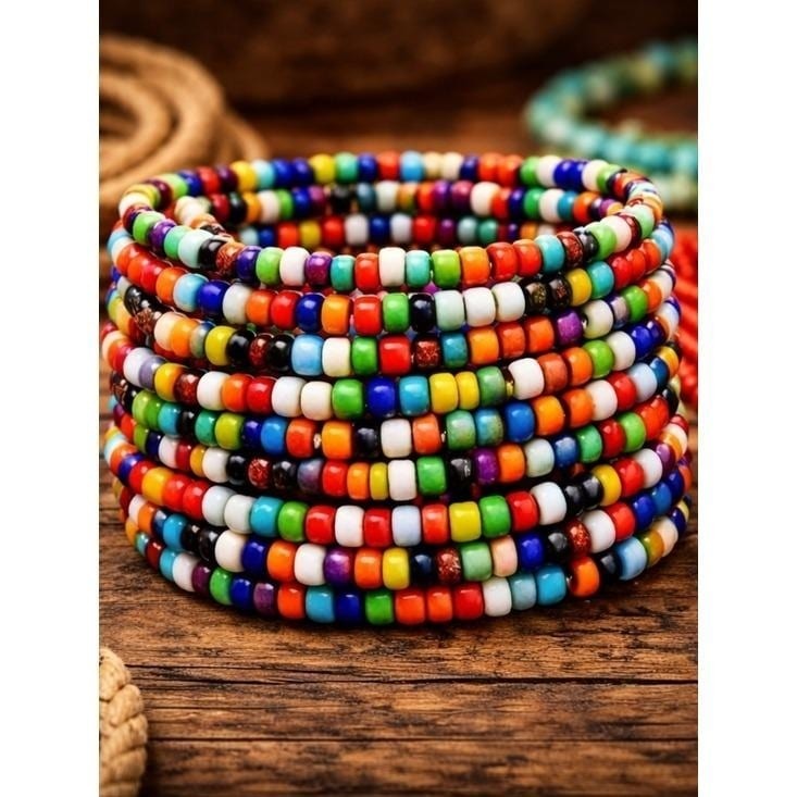 Vintage Seed Bead Stretch Bracelet Stack Boho Festival Layered Size 6.5