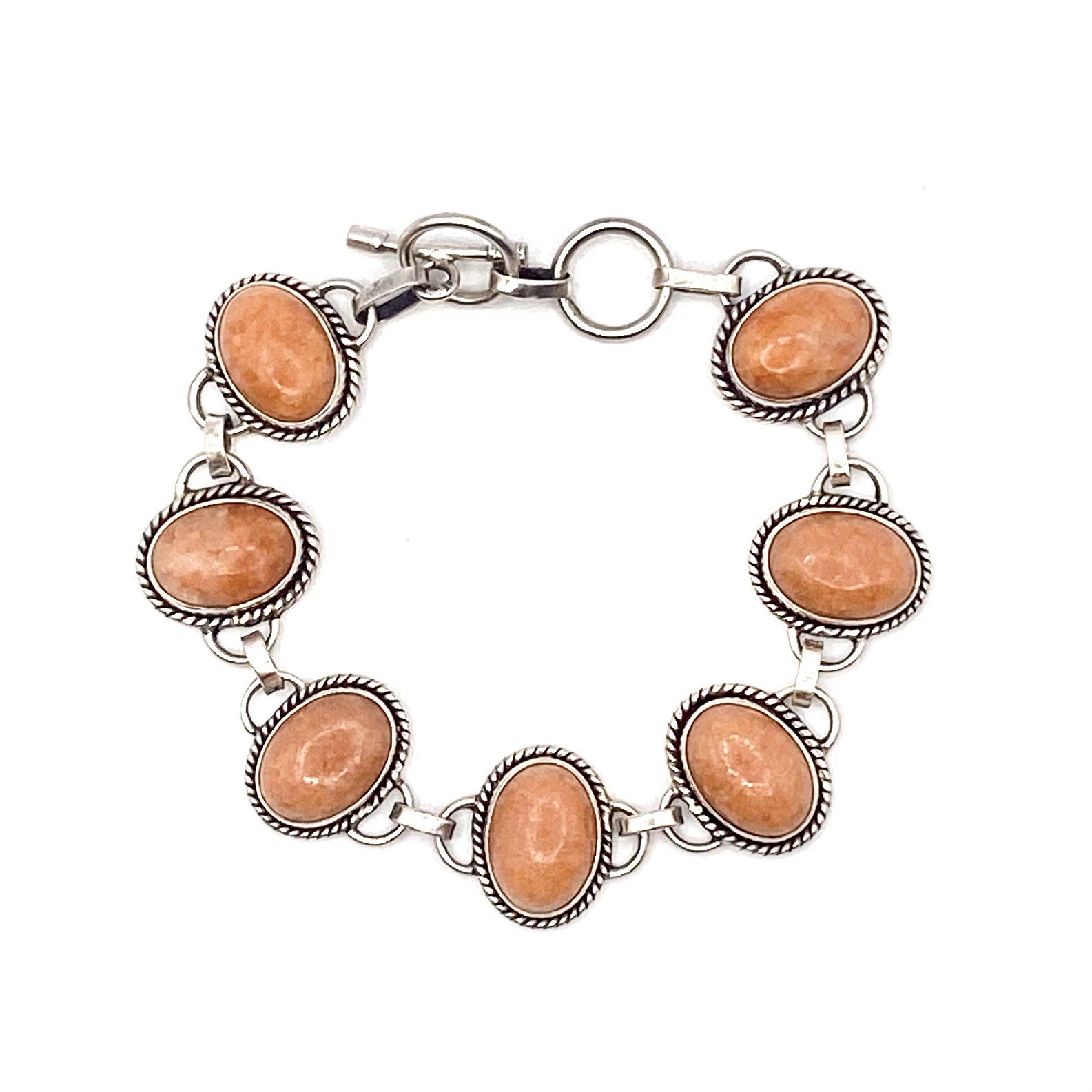 Vintage 925 Sterling Silver Gemstone Scarab Bracelet Toggle Cabochon Nude Pink
