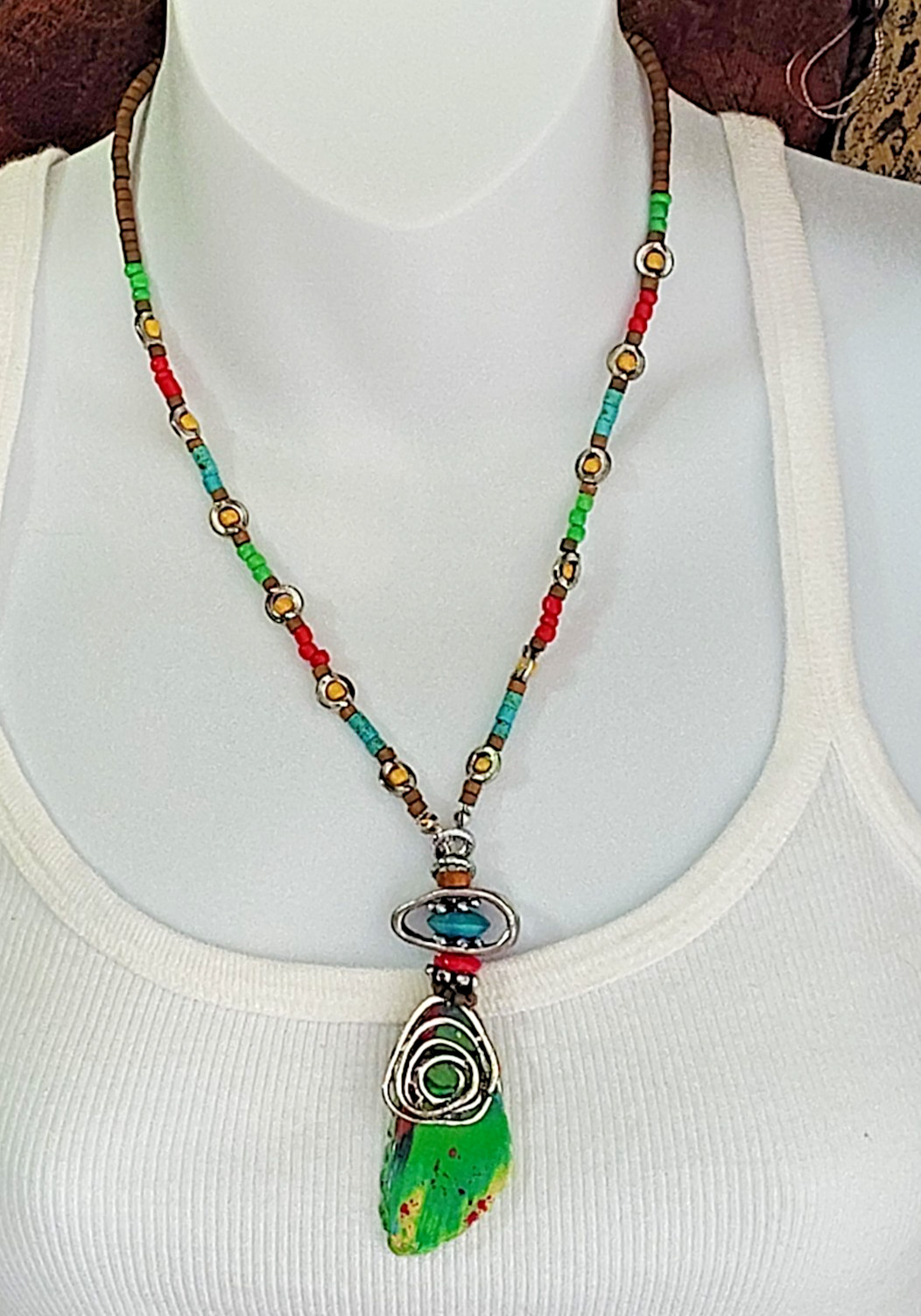 Treska Signed Boho Single Strand Multicolor Beaded Necklace w/ Resin Pendant