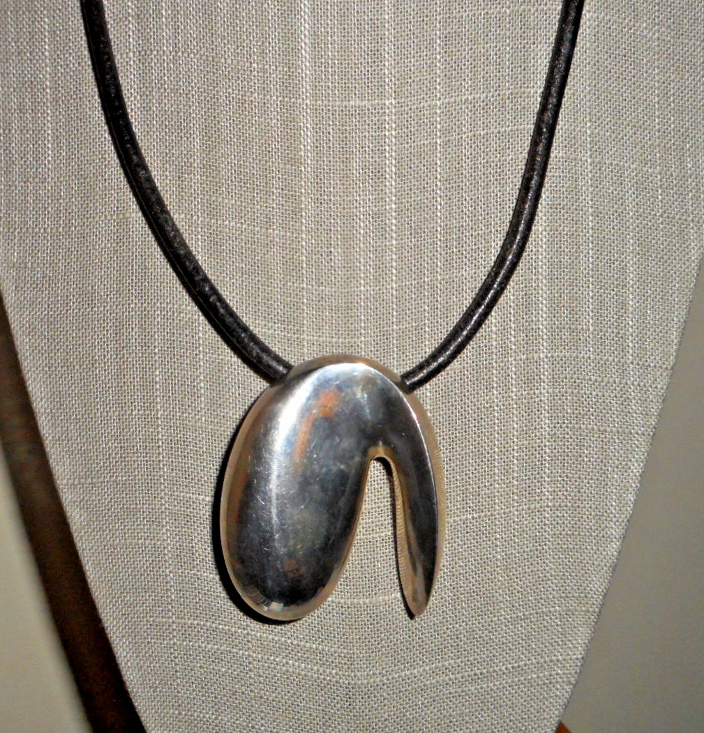 Large Modernist Sterling Organic Abstract Sculptural Pendant on Leather Cord 21″