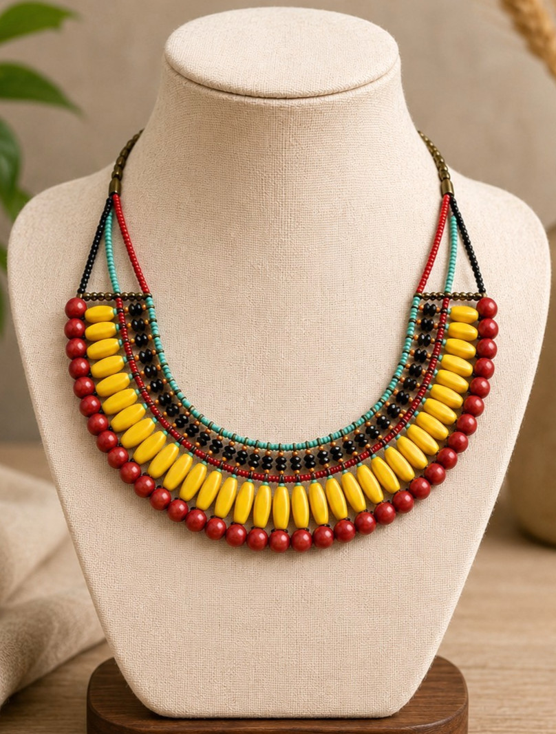 Vintage Tribal Statement Necklace Multicolor Beaded Bib Boho Ethnic Choker