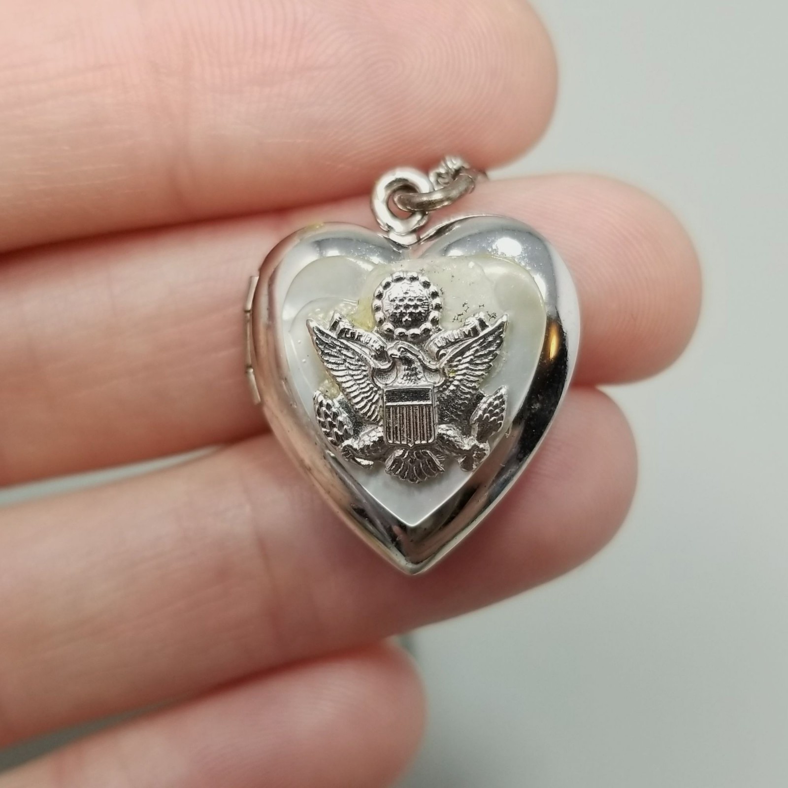 Vintage Sterling Silver Army Eagle Sweetheart Locket Pendant Necklace WWII