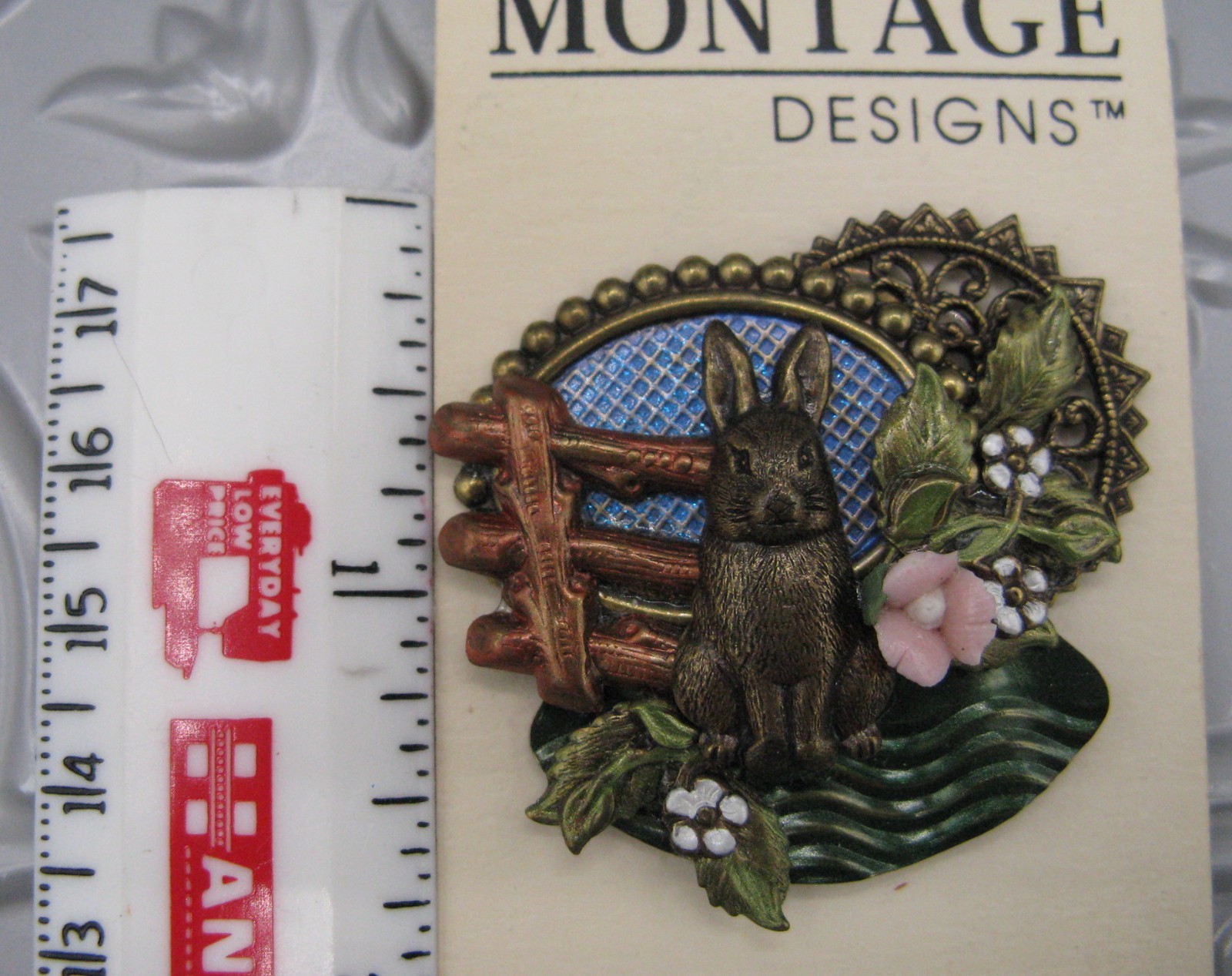 Montage Designs Vtg 1990s Brooch Bunny Rabbit Country Flower Mixed Media Collage