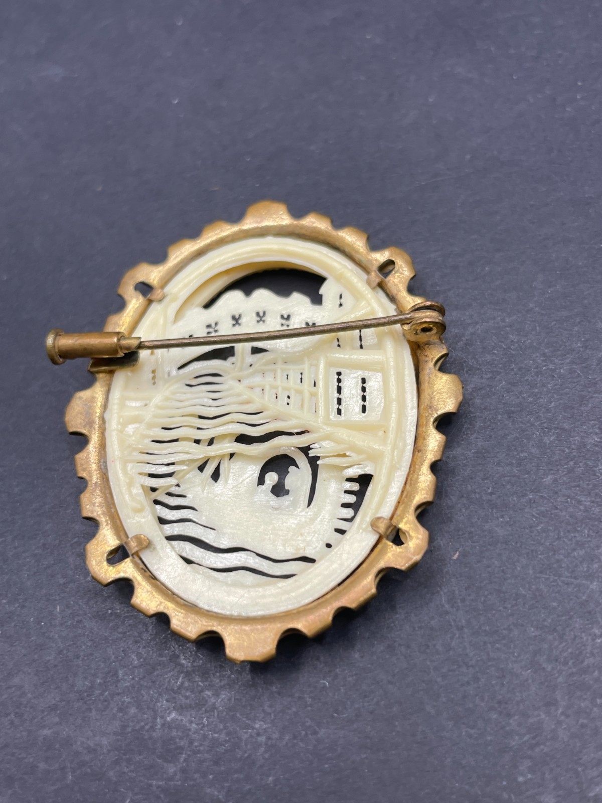 Vintage Art Deco Carved Celluloid Venice Scene Brooch Cameo