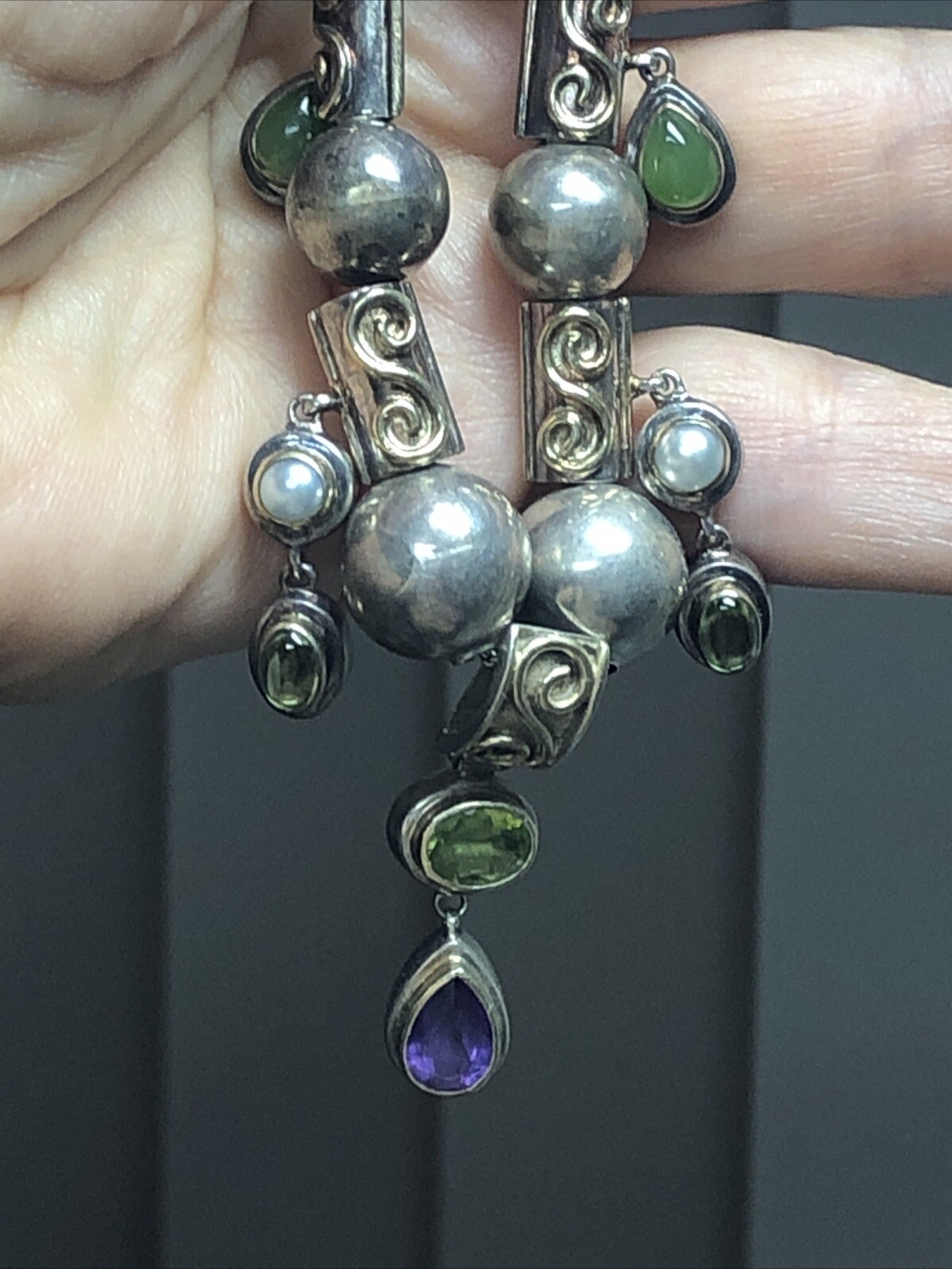 15. Vintage 925 Sterling Silver Ball charm Gemstone Beaded Sliding Necklace 17″