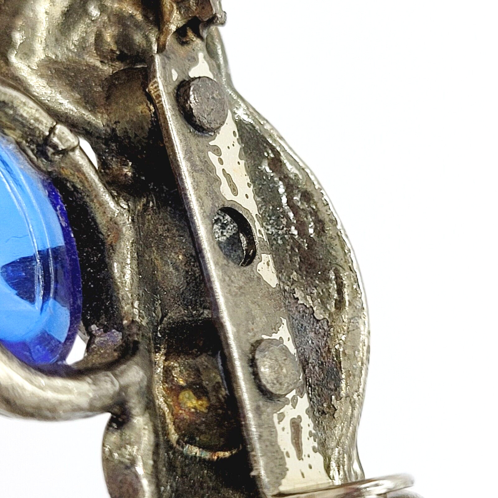 Rabbit Bunny Holding Blue Faceted Egg Silver Tone Vintage Brooch Pin Distressed