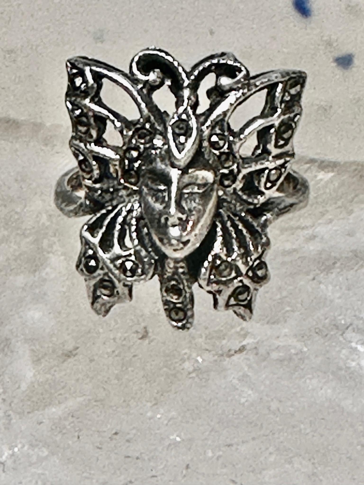 Butterfly ring Lady Face Art Deco size 6 marcasites sterling silver band women