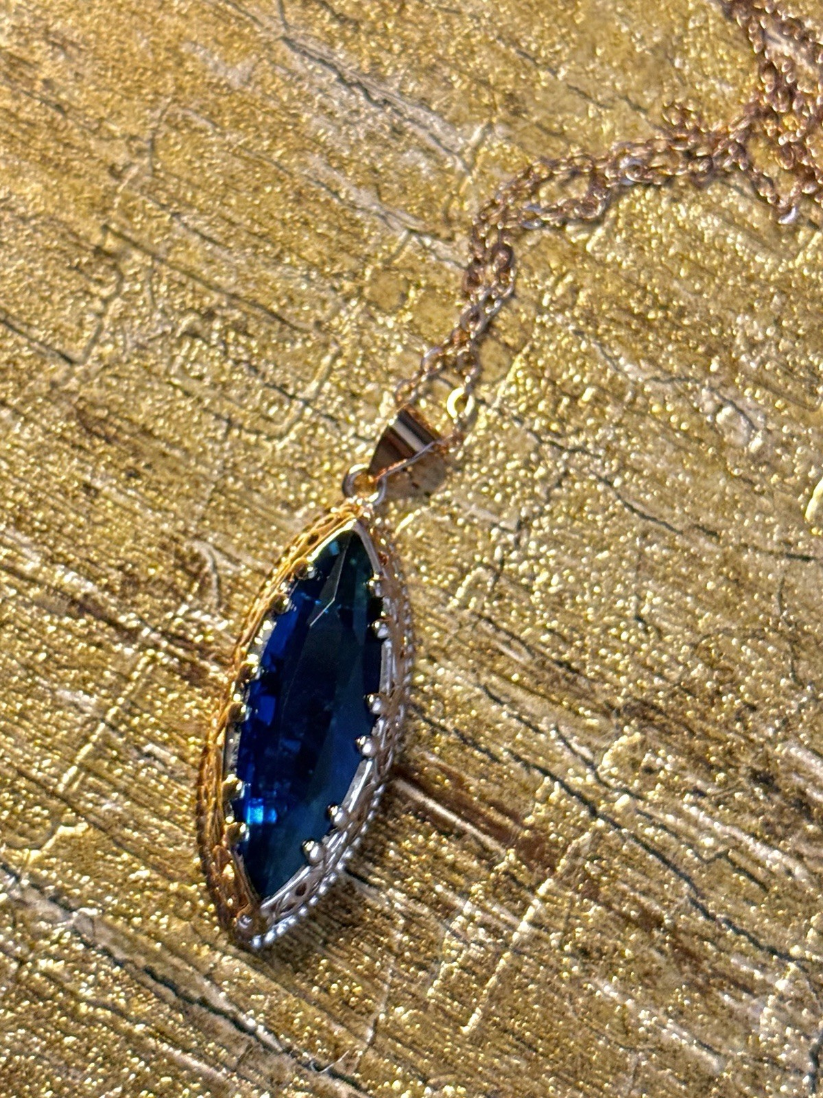 Estate Art Deco Style Czech BLUE ZIRCON Navette Necklace Earrings Ring SZ8 14kRG