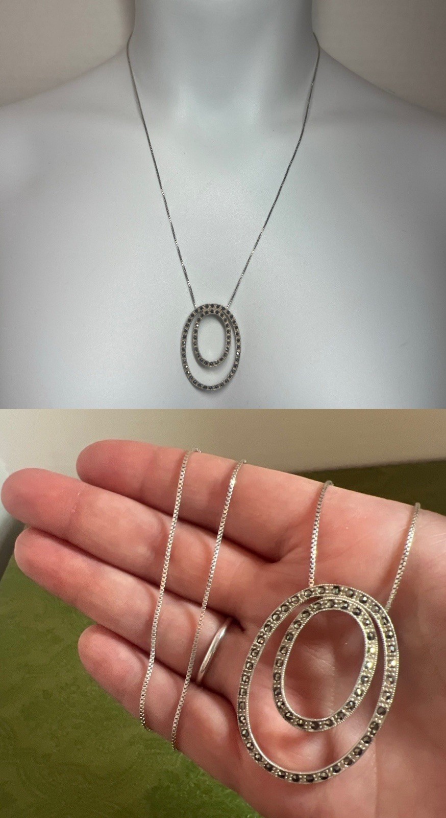 AGI Sterling Silver Double Oval Marcacite 1.5” Pendant Necklace 22” Chain ITALY