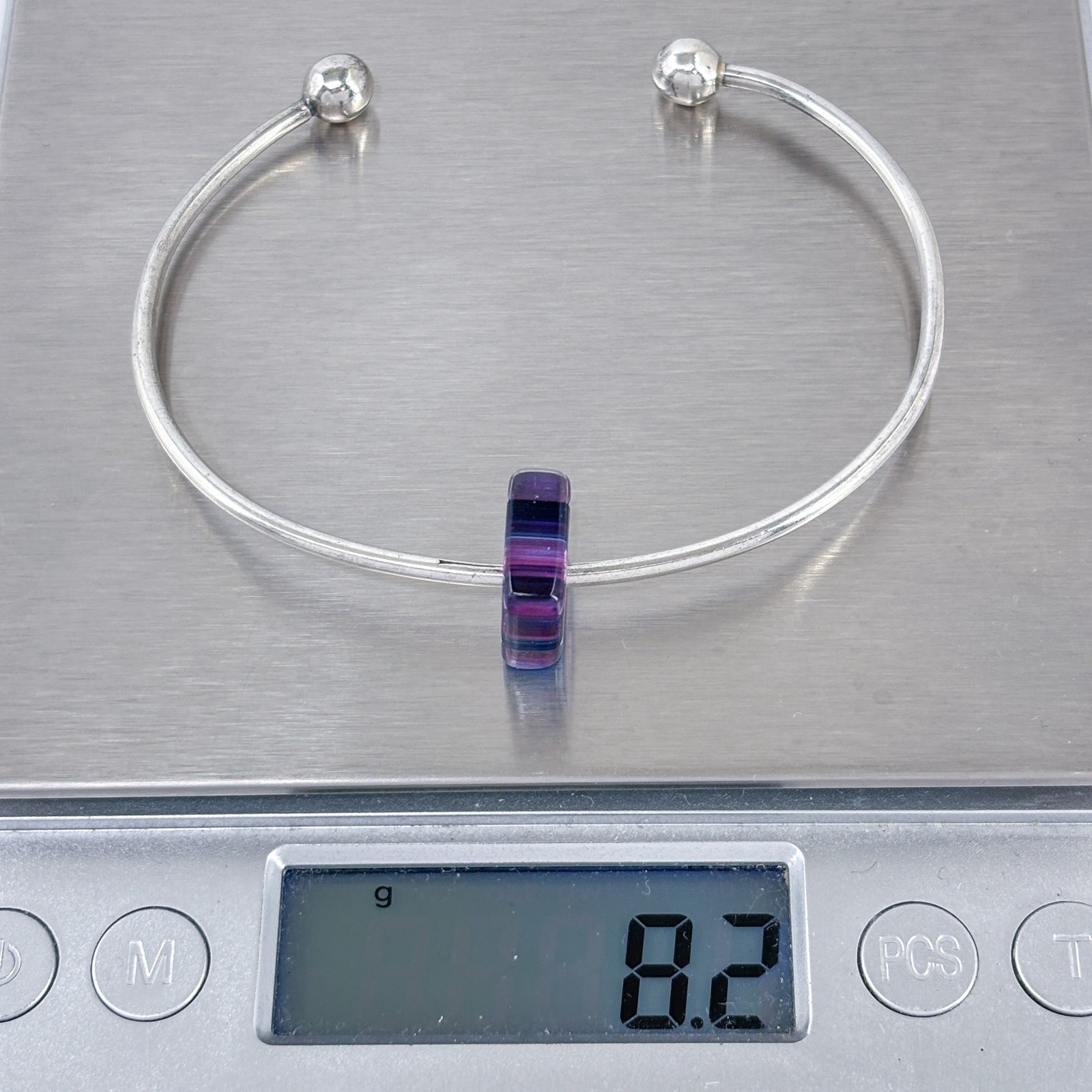 Ball Tip Cuff Bracelet | Purple Glass Charm | Vintage Sterling Silver 925 | 6.5″
