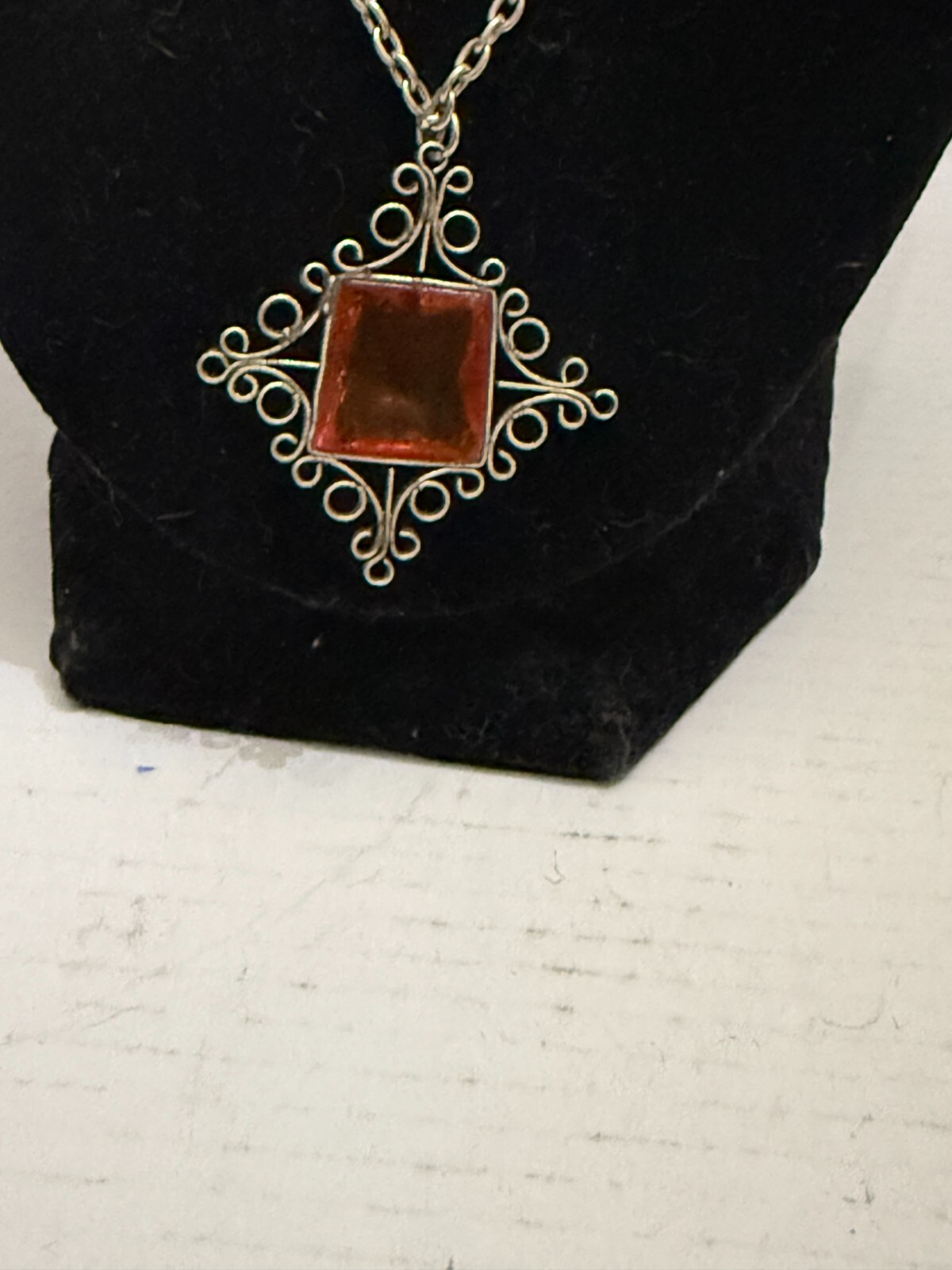 Vintage Baltic Amber Filigree Pendant Silver Tone Necklace