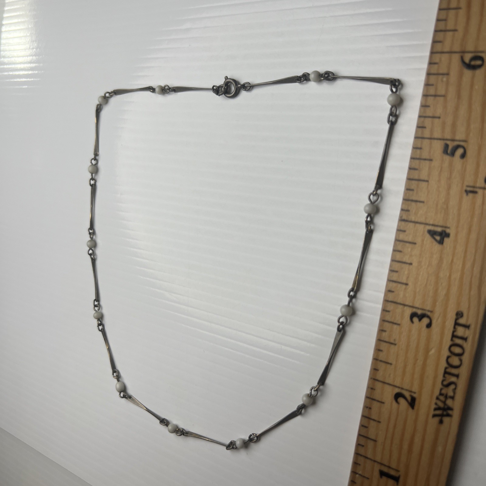 Vintage Twisted Bar Link Necklace Boho White Glass Beaded Silver Tone 20″