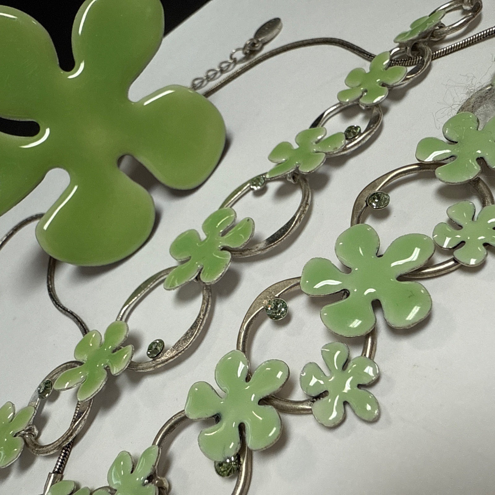 PILGRIM SIGNED SILVER TONE LIGHT GREEN ENAMELED RING BRACELET NECKLACE SET 3pc