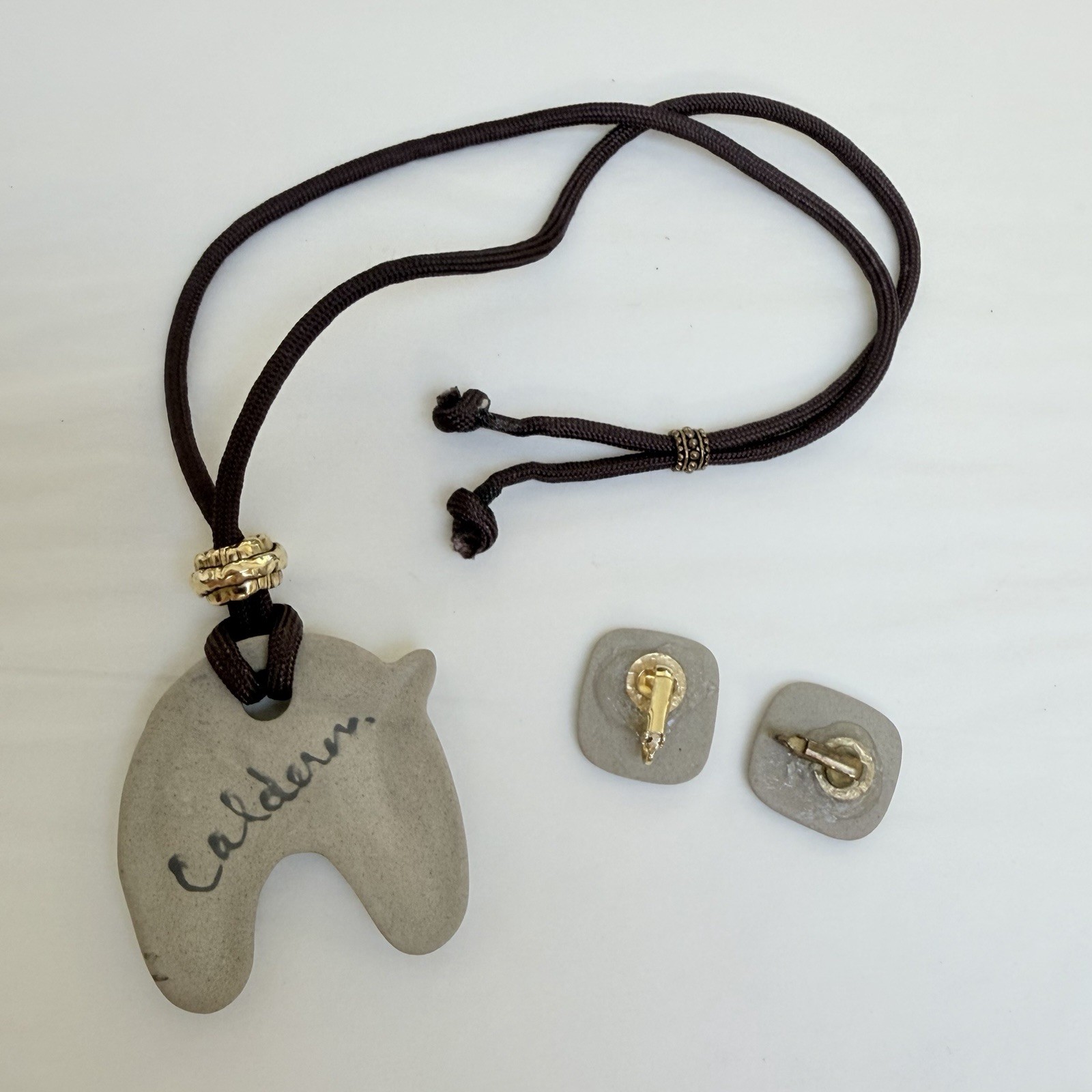 Vintage Ceramic Cat Cheetah Calderon Signed Necklace Clip On Earrings Set Gift