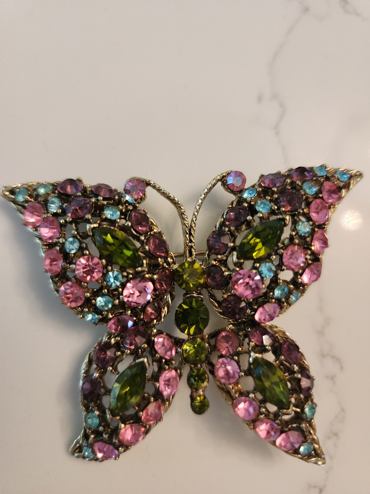 Vintage Butterfly Brooch Multicolor Rhinestones Midcentury 2 inches Pink