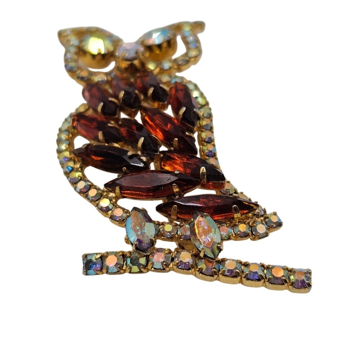 Vtg Rhinestone Owl Brooch Gold Tone Aurora Borealis Figural 2.5″ Pin Woodland