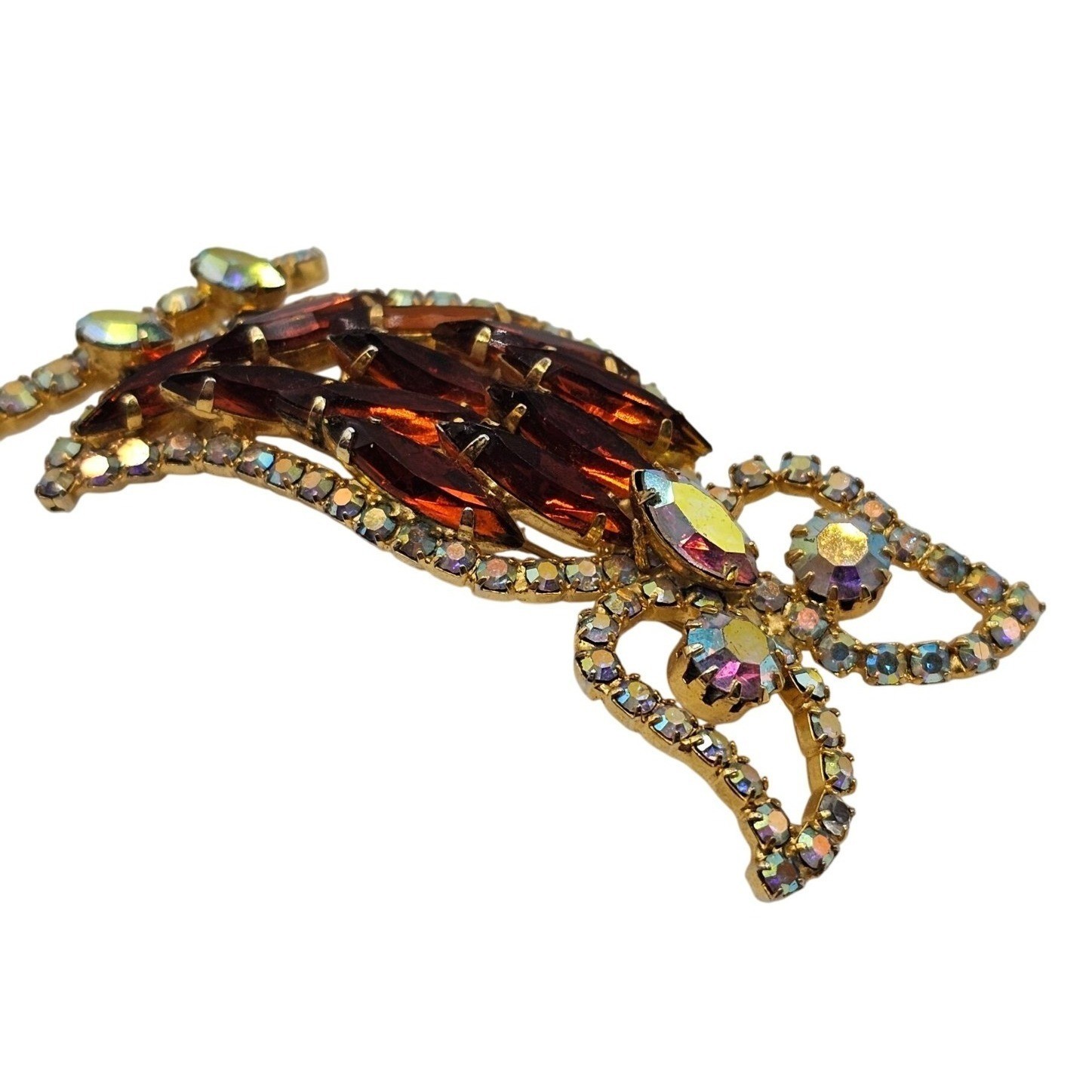 Vtg Rhinestone Owl Brooch Gold Tone Aurora Borealis Figural 2.5″ Pin Woodland