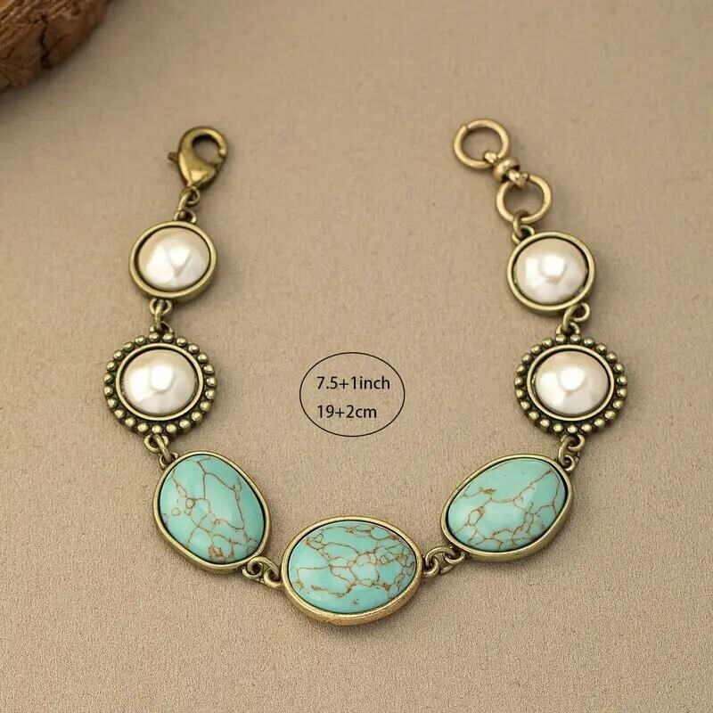 Vibrant Turquoise & Faux Pearl Bohemian Style Zinc Alloy Statement Bracelet Faux