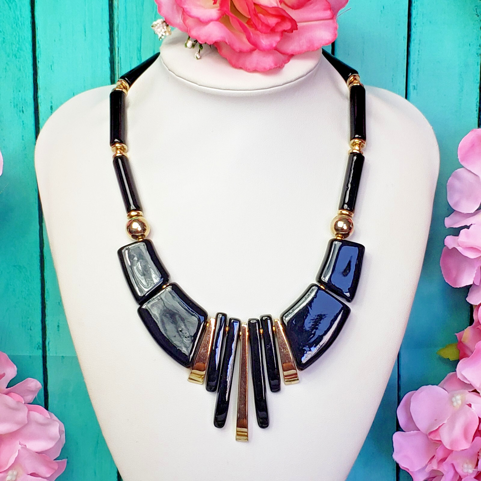 Vintage JAPAN Black Lucite Bead Choker Gold Tone Mid Century Statement Necklace