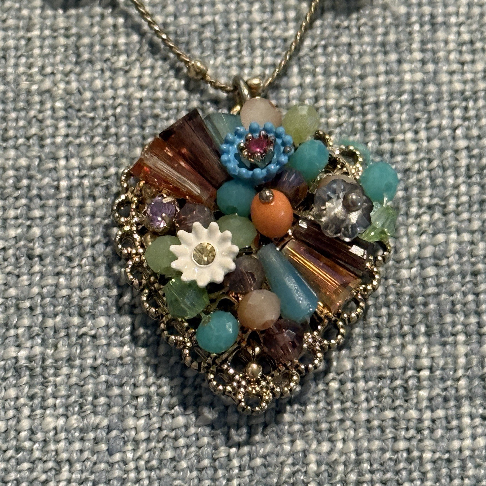 Betsey Johnson Triple Strand Necklace Beaded Multi Floral Heart Crystal Signed