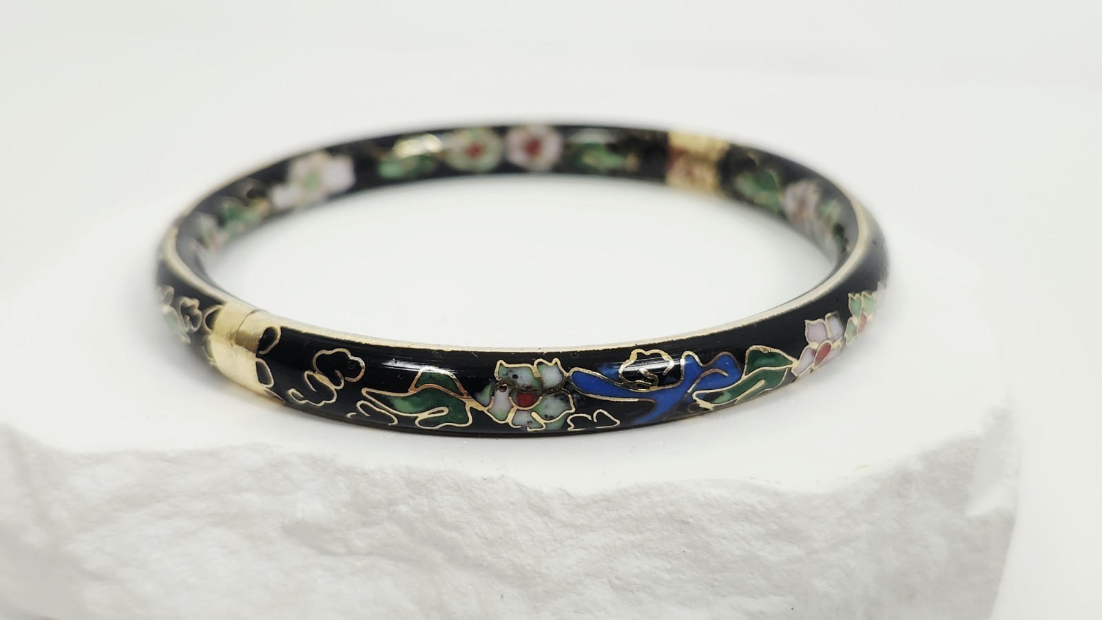 Vintage Chinese Black Cloisonné Enamel Bangle Bracelet Floral Hinged Gilt Brass