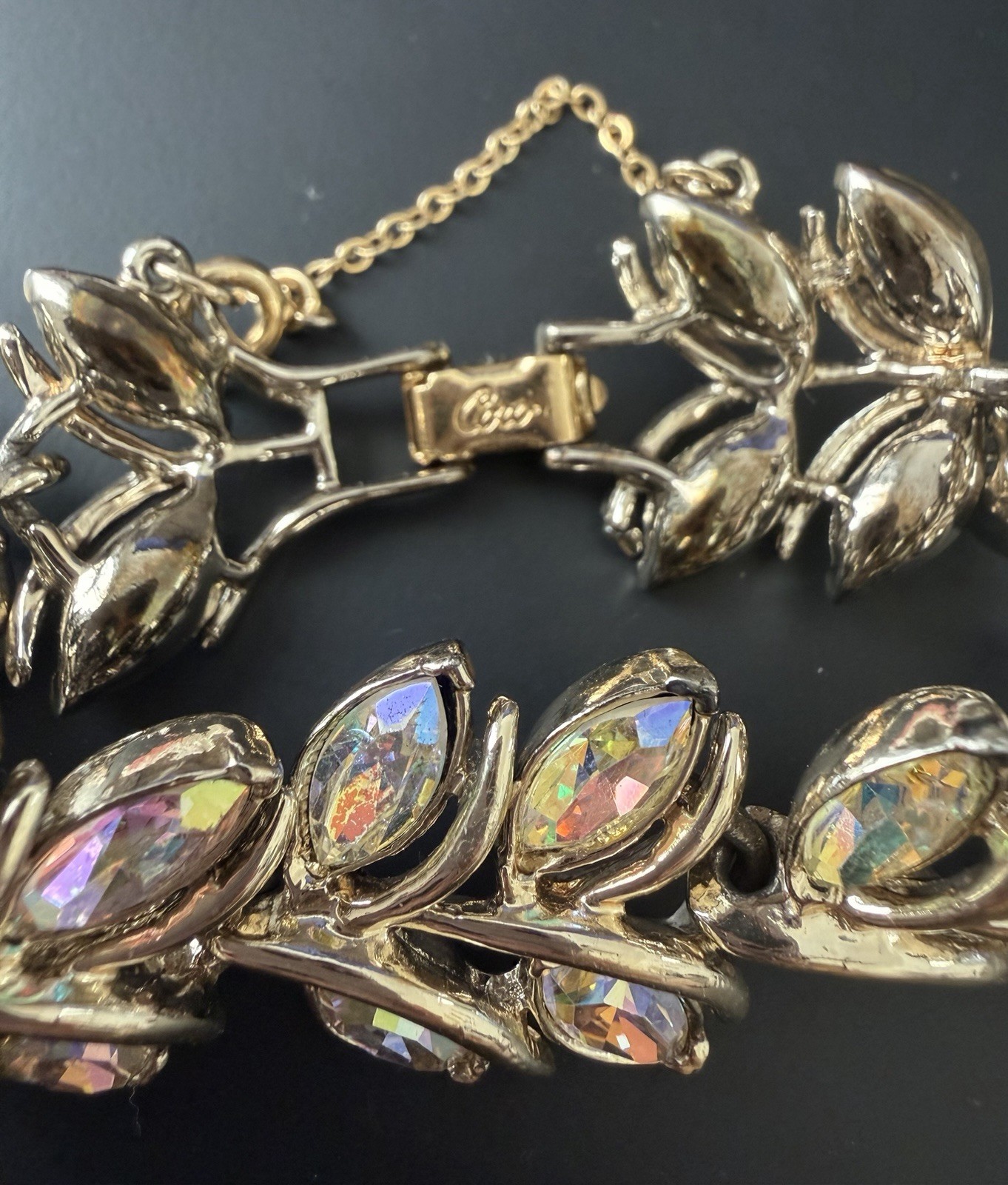 Vintage Coro Signed Clear AB Rhinestone Leaf Shape Bracelet 7.25″