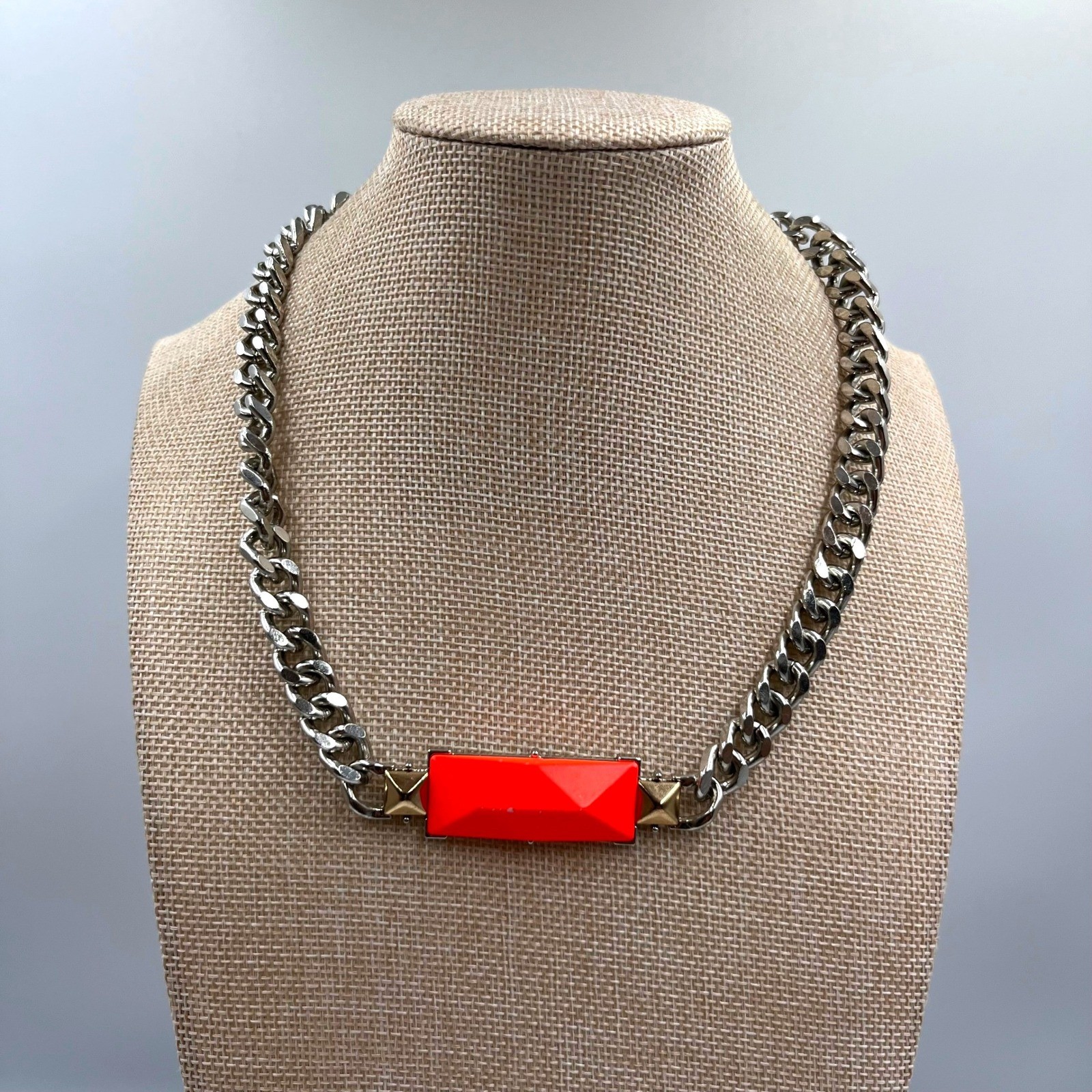 VTG Statement Chunky Silver Tone Curb Chain Necklace Faceted Rectangle Pendant