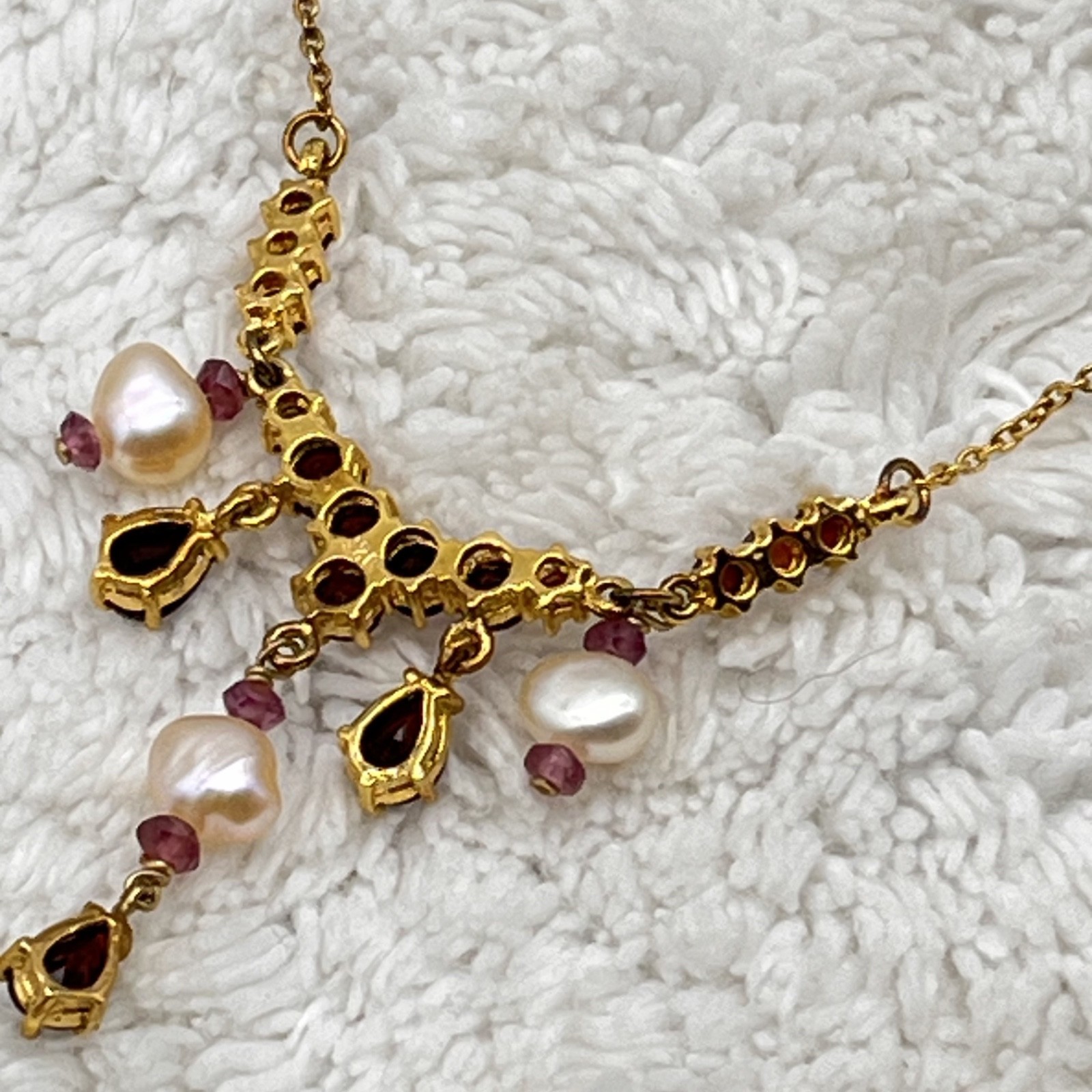 Vintage Festoon Necklace Garnet Baroque Pearl Sterling Silver 18″