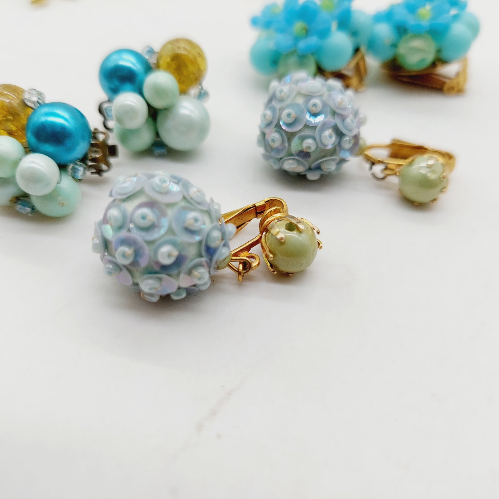 Blue Plastic Clip Earrings Hong Kong & Japan Set Of 3 Fabic Metal