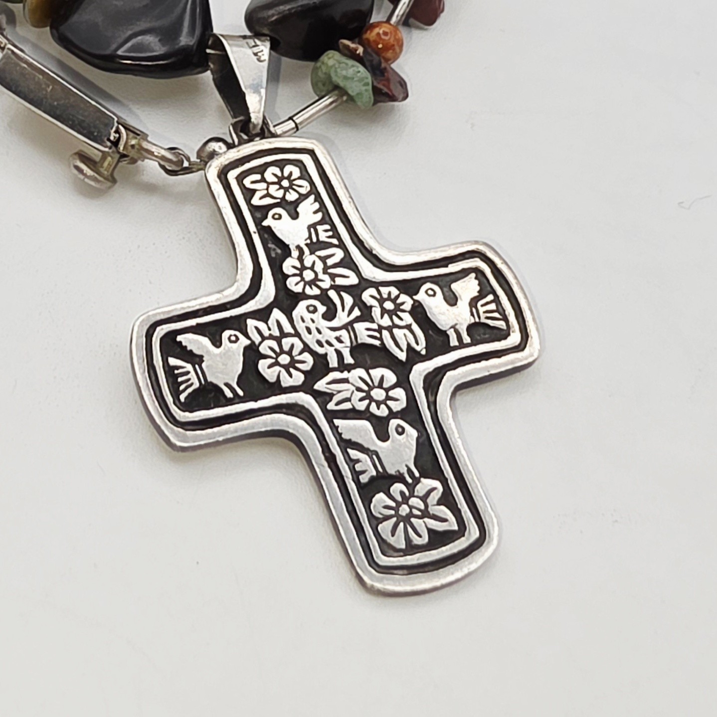 VTG Taxco Mexico Sterling Silver Cross Necklace 30” TW-97 925 Multi Stone 84.5g