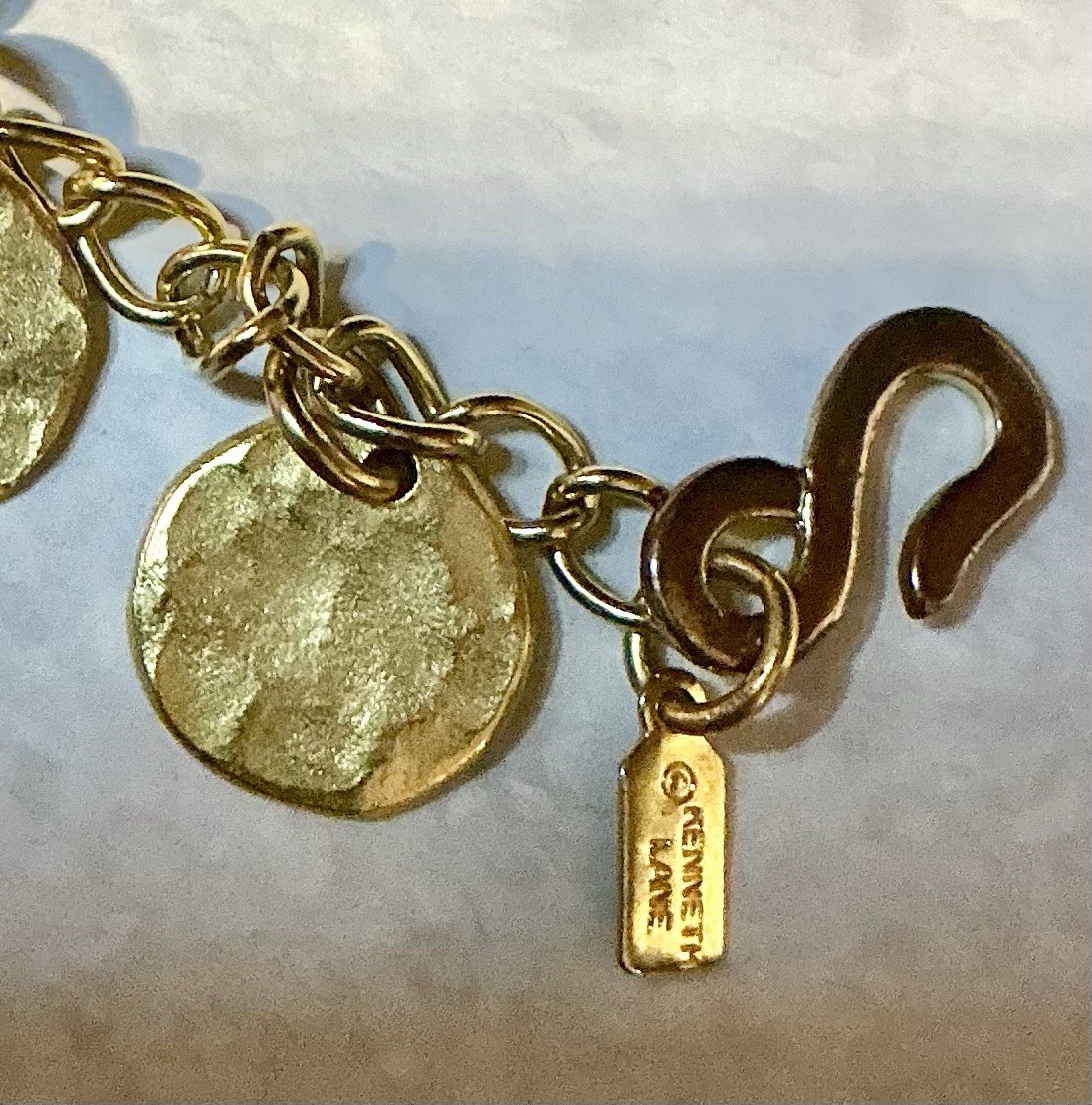 Vintage Kenneth Jay Lane Satin Gold Hammered Coins Discs Necklace 36″ Long 1980s