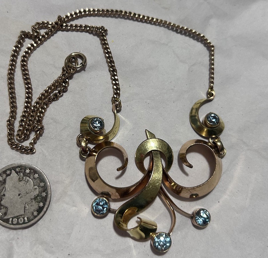 H S B Necklace 1/20 12k Rose Yellow Gold Filled FIVE Sparkling Blue ZIRCONS !!!!