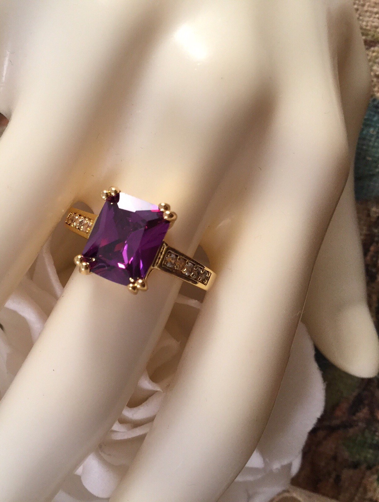 Vintage Jewellery Gold Ring Amethyst White Sapphires Antique Deco Jewelry size 8