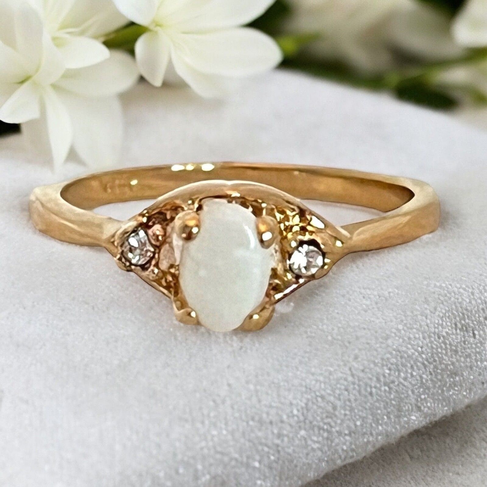 Vintage 1970s Uncas Opal Ring Size 7 14K Gold Plate Austrian Crystal -14M