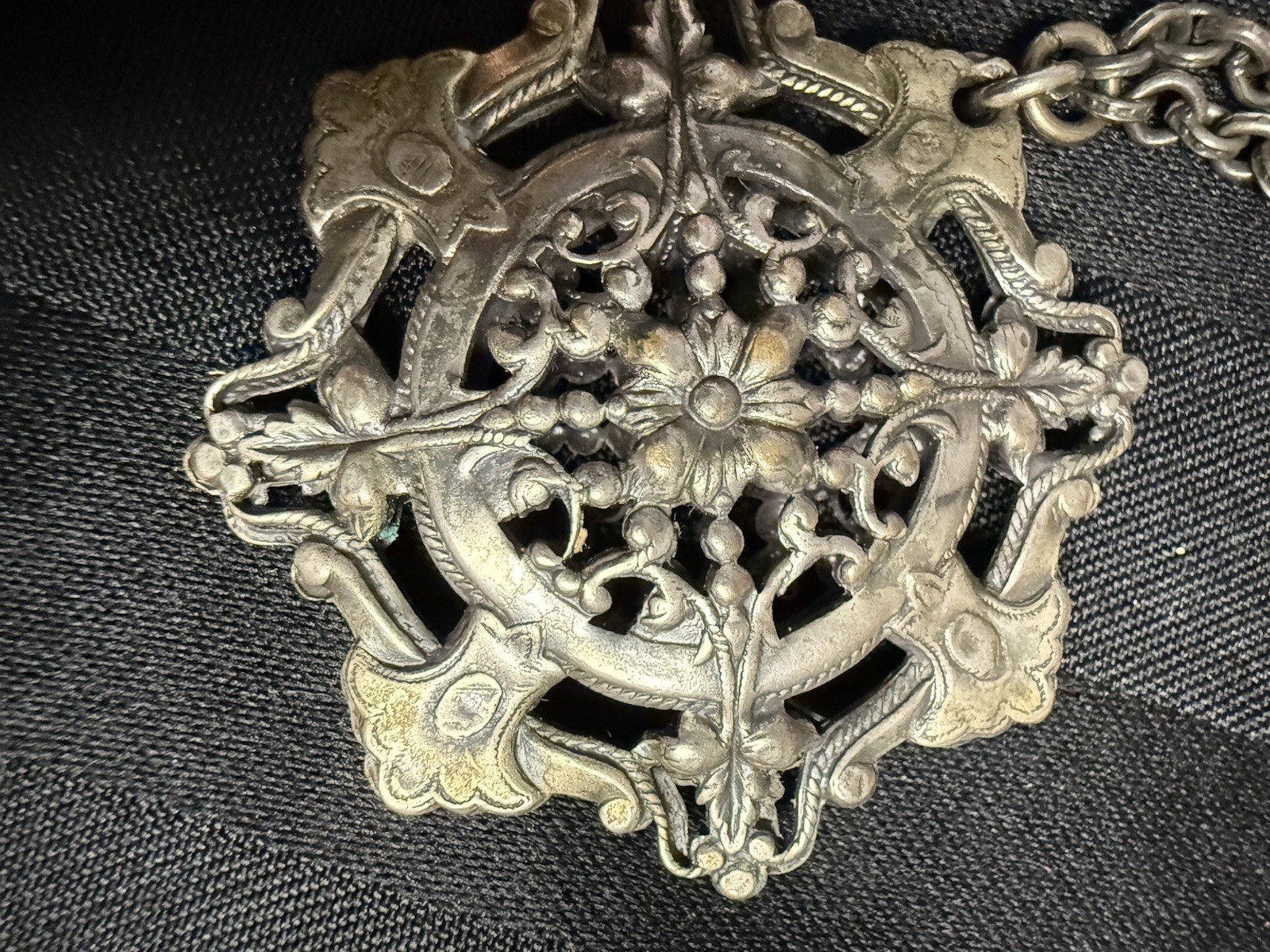 Vintage 24″ Two-Sided Antiqued Gothic Filigree Medallion Statement Necklace