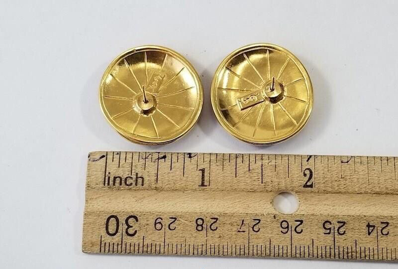 Signed YSL Yves Saint Laurent Gold Tone Faux Pearl Red Enamel Pierced Earrings