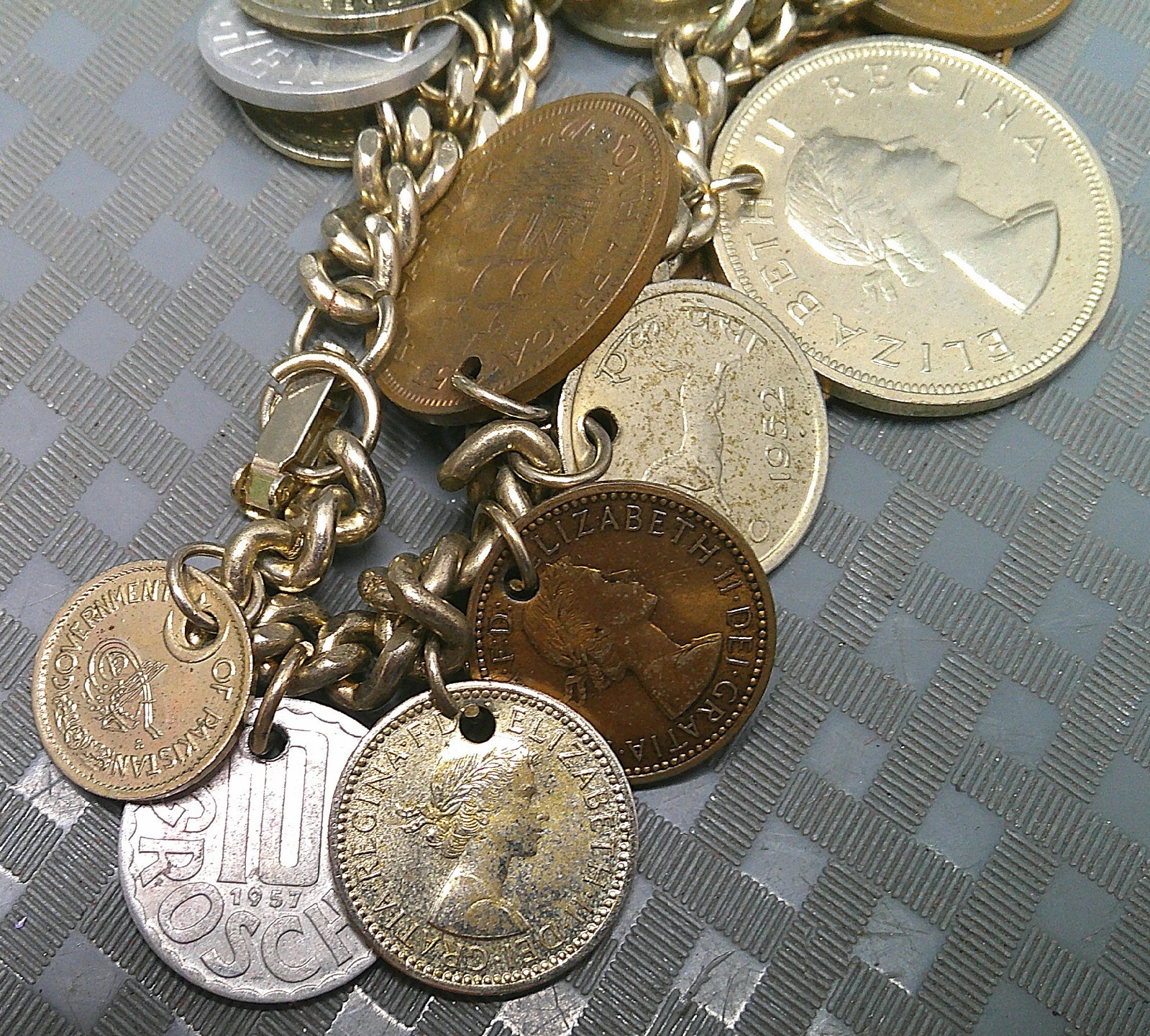 Vintage 1950s Coin Charm Bracelet British Colonies Pakistan India South Africa