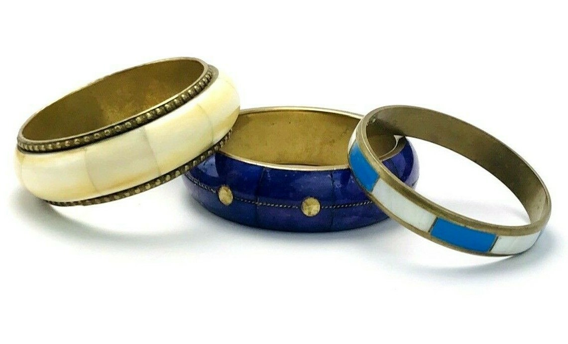 Lot of Three Vintage Brass Shell Inlay Bangle Bracelets India