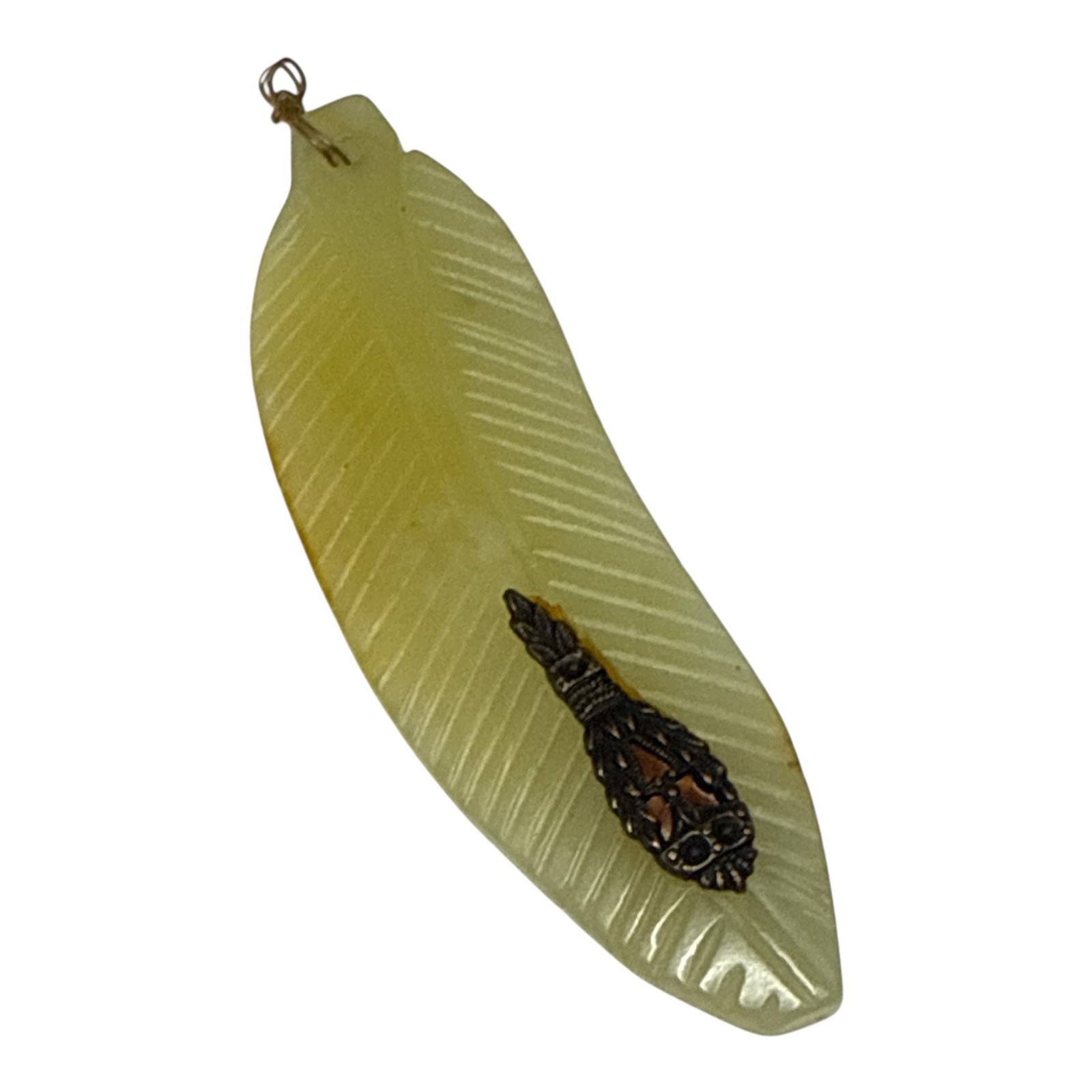 Vintage Jadeite Feather Pendant Carved Leaf Green Jade Lucky Charm