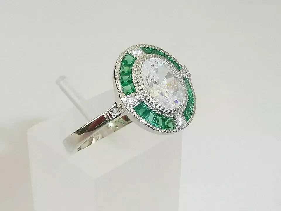 Art Deco Style Lab Created Diamond & Emerald Engagement 14K White Gold FN Ring