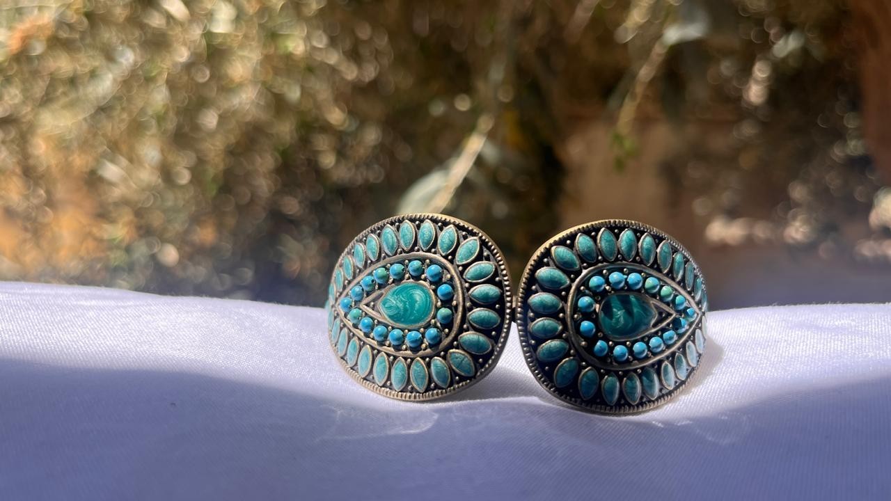 Vintage Antique Bronze Turquoise Faux Stone Statement Hinged Cuff Bracelet