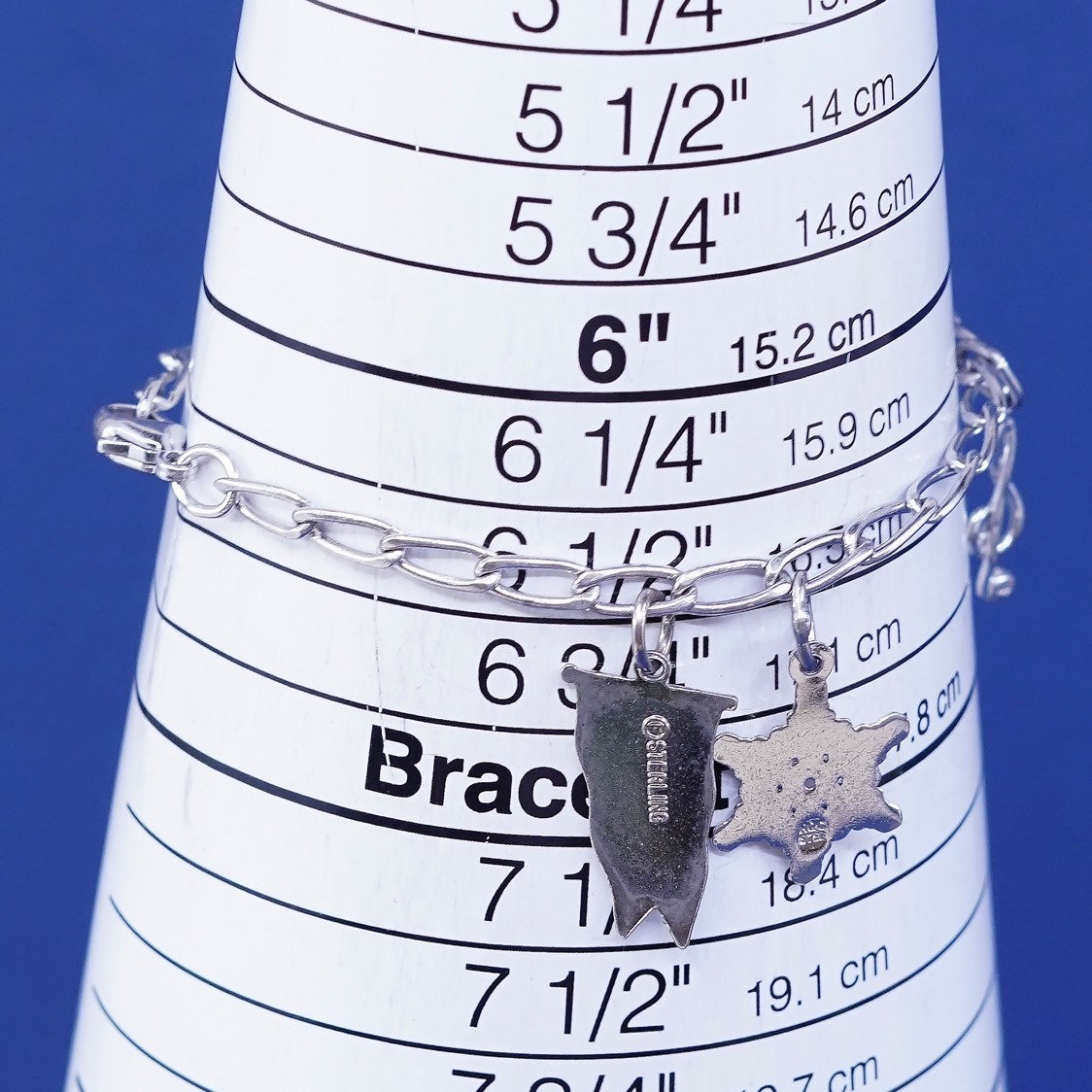 6.5″, vtg Sterling silver handmade bracelet, 925 elongated chain w/ 5 charms